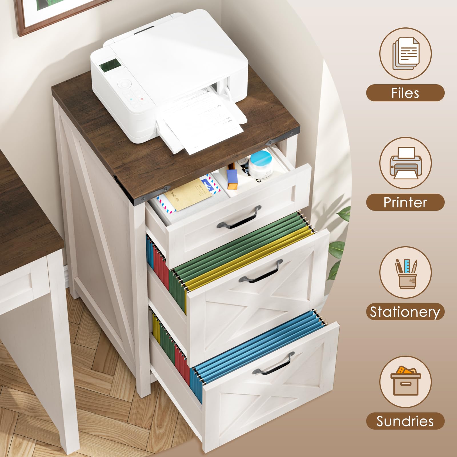 Halitaa Farmhouse File Cabinet with 3 Drawers for Home Office, Rustic White|Vertical Filing Cabinet Fits Letter/A4 Size, Wood File Cabinet Printer Stand for Living Room