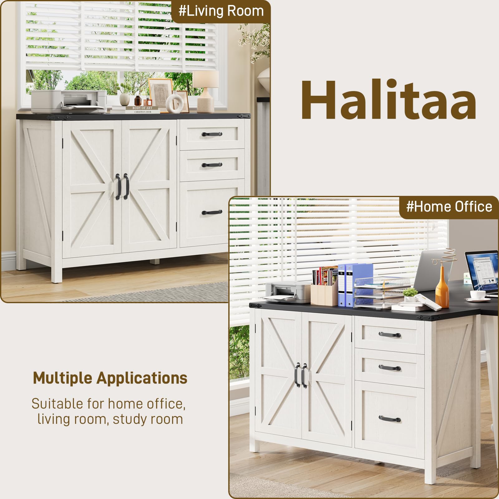 Halitaa 3 Drawer File Cabinet, Farmhouse Lateral Filing Cabinet, White and Black|File Cabinet with Doors for Letter/A4 Size Hanging Files, Large Wood Storage Cabinets Printer Stand for Home Office