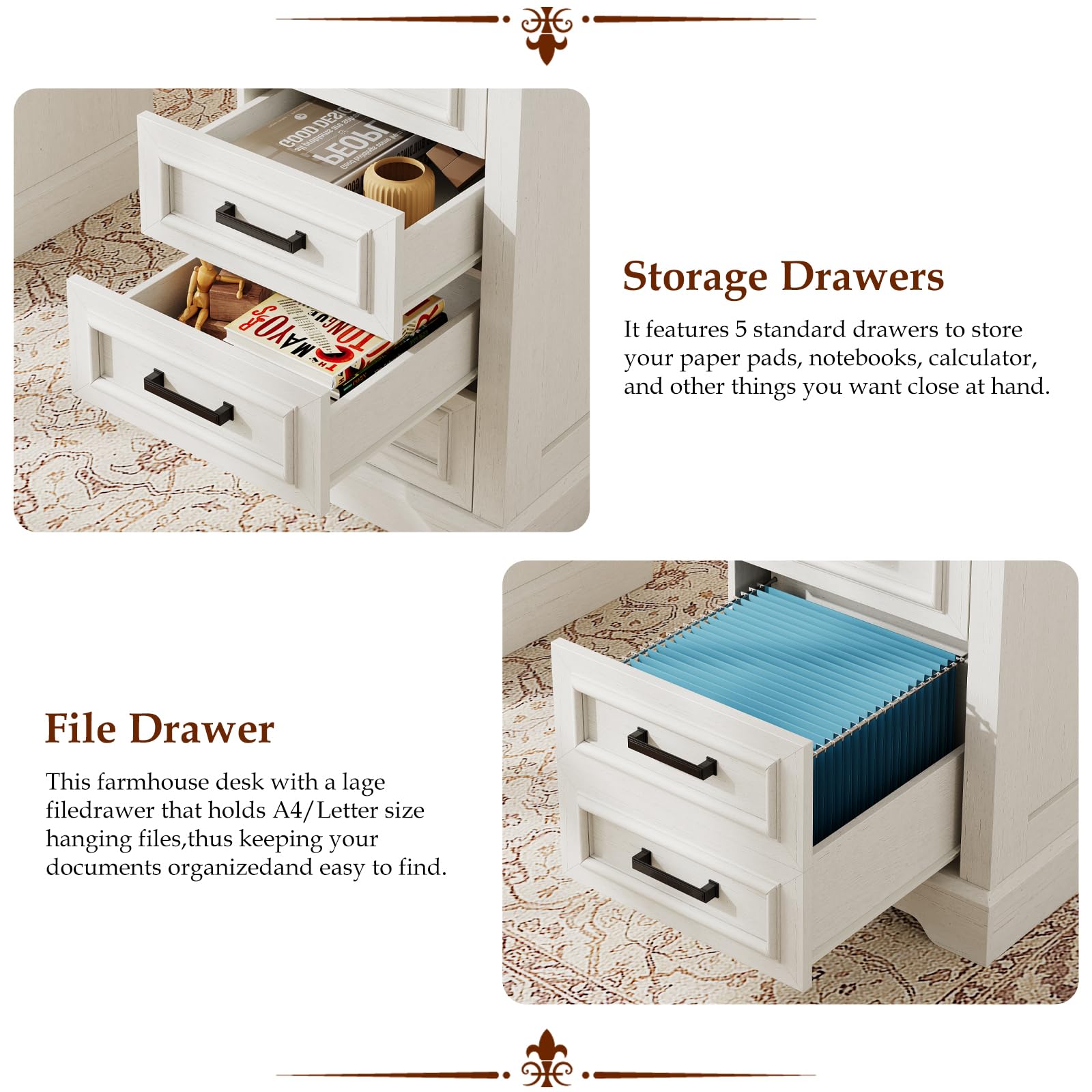 Halitaa 58" Farmhouse Desk with Drawers for Home Office | Wooden Executive Desk with Charging Station, Computer Desk with File Drawer and Storage Cabinet for Work, Study and Writing