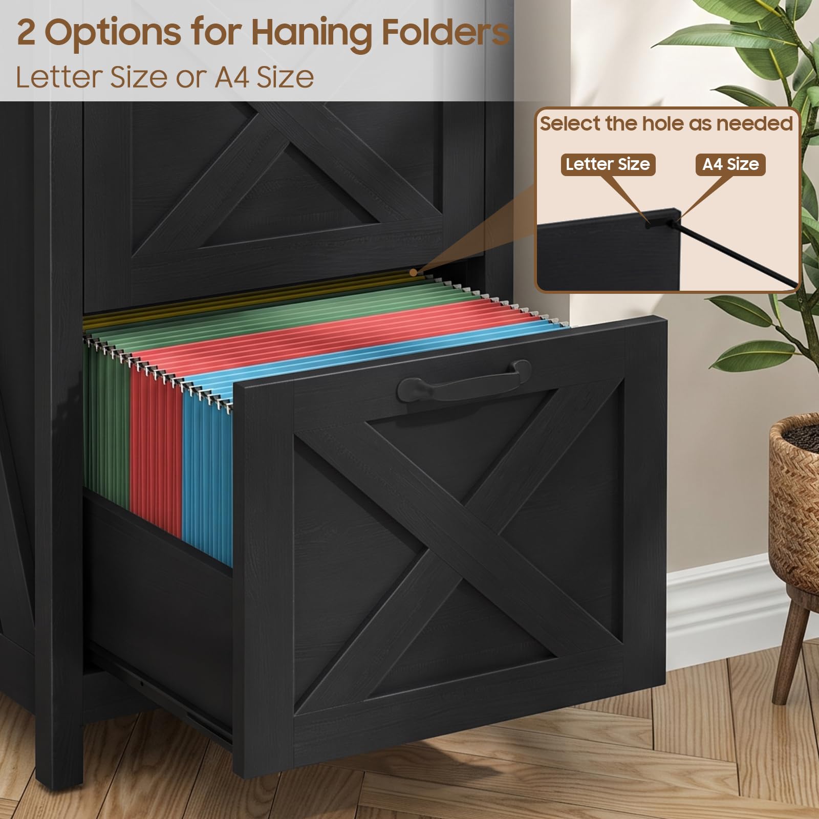 Halitaa Tall Farmhouse File Cabinet with 3 Drawers for Home Office, Black|Vertical Filing Cabinet Fits Letter/A4 Size, Wood File Cabinet Printer Stand for Living Room