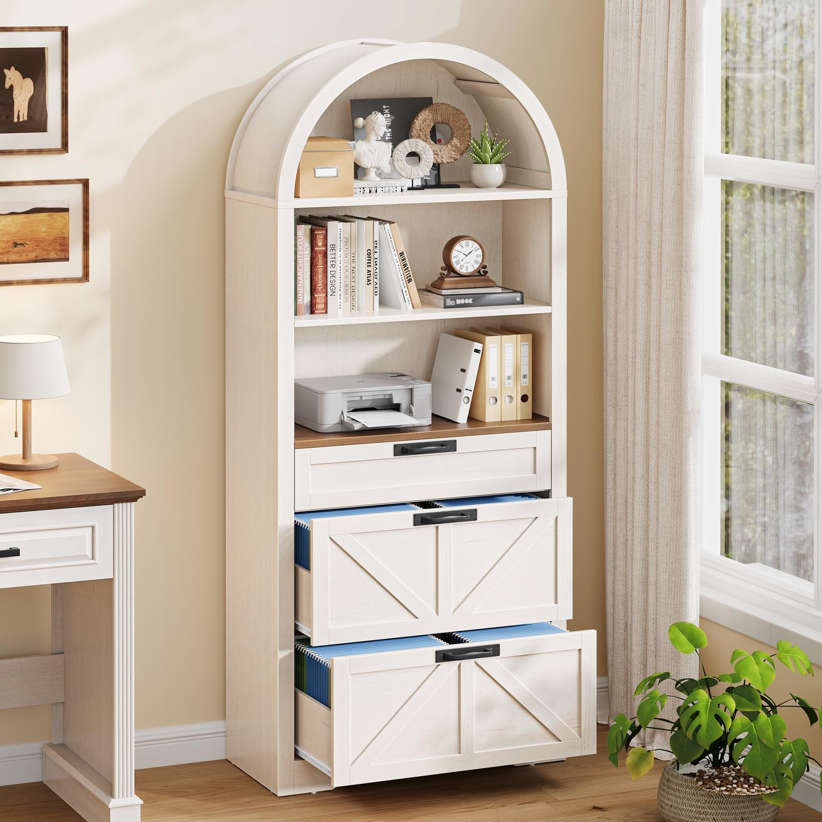 Halitaa Arched 2 Drawers File Cabinet,Vertical Filing Cabinet, Rustic White|Large Farmhouse Wooden File Cabinet 2 Drawers for Legal/Letter/A4 Size Hanging Files, for Home Office with Printer Stand