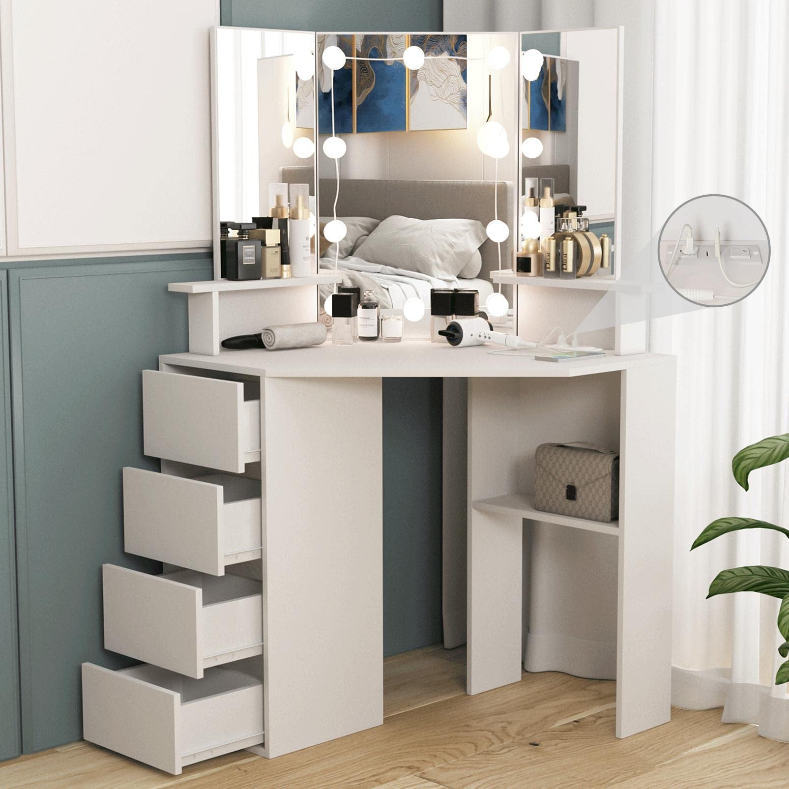 Veanerwood Corner Vanity Desk with Lighted Mirror & Charging Station,Black Makeup Vanity Table with Lights,42 inch Corner Vanity Mirror with Lights and 4 Drawer, 3 Lighting Modes, Brightness Adjustable White