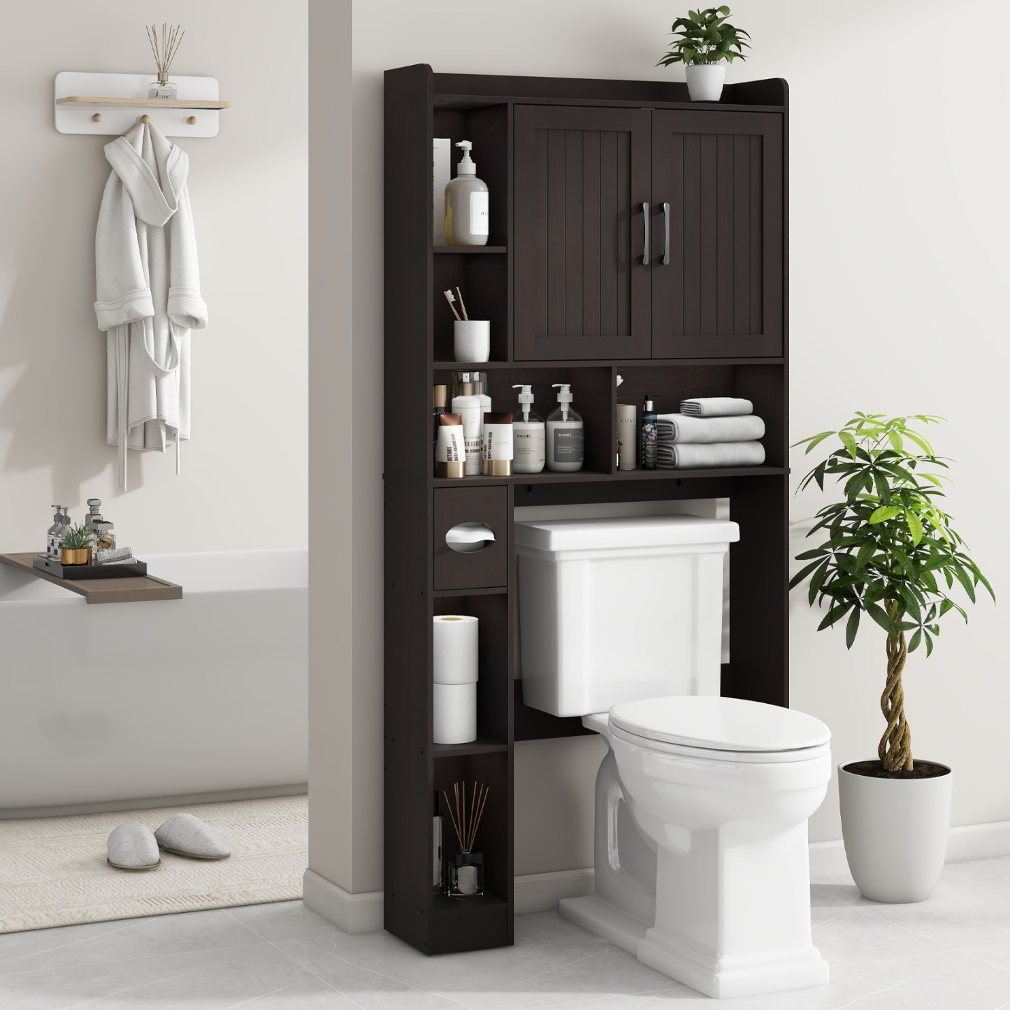 Over The Toilet Storage Cabinet, Farmhouse Storage Cabinet Over Toilet with 2 Barn Door & Toilet Paper Holder Stand，Home Space-Saving Toilet Rack, for Bathroom, Restroom, Laundry(Espresso)