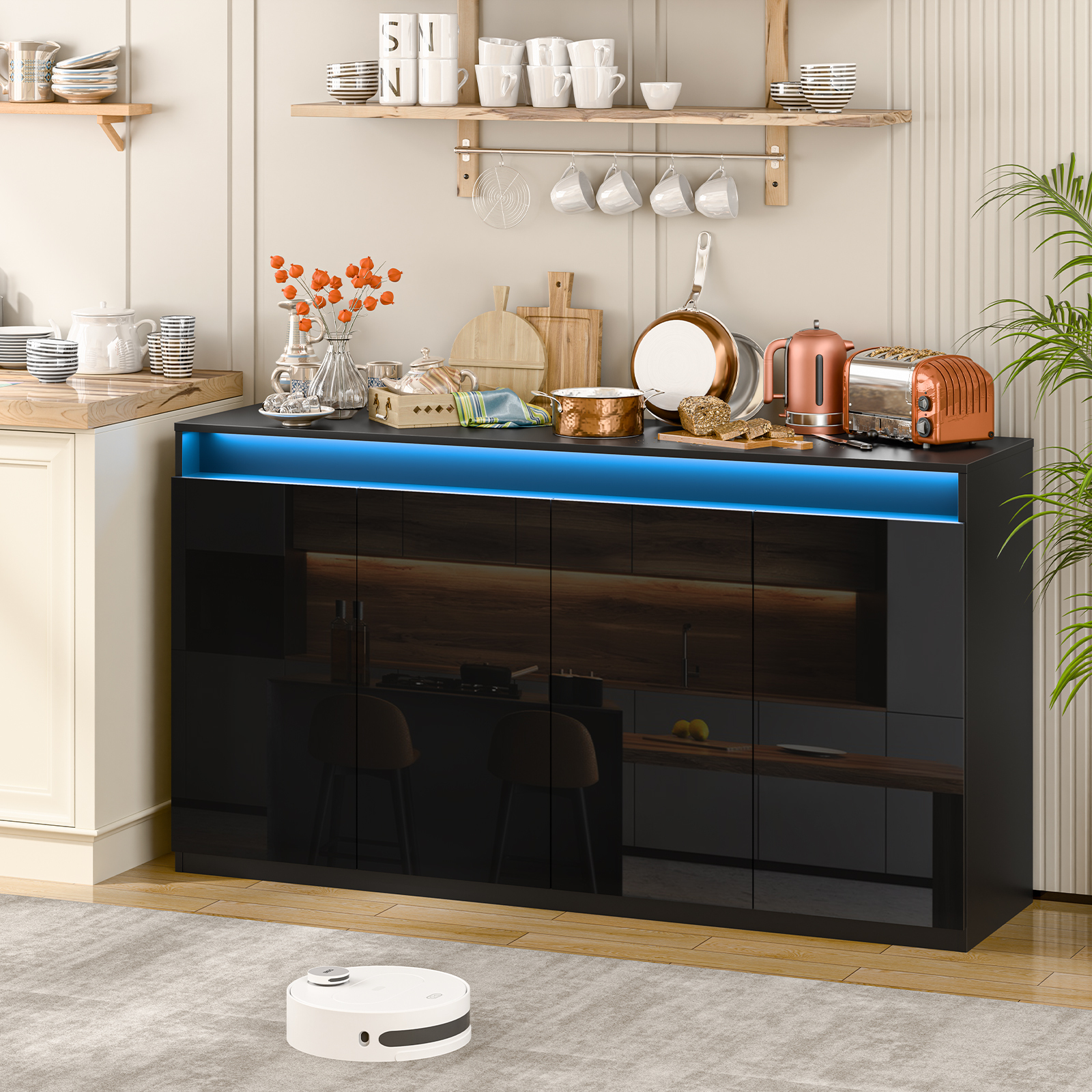 57" Kitchen Buffet Cabinet with Power Outlets - Pantry Storage Cabinet with LED Lights, Sideboard Cabinet Kitchen Storage Cabinets with 4 High Gloss Doors for Kitchen, Bathroom, Black.