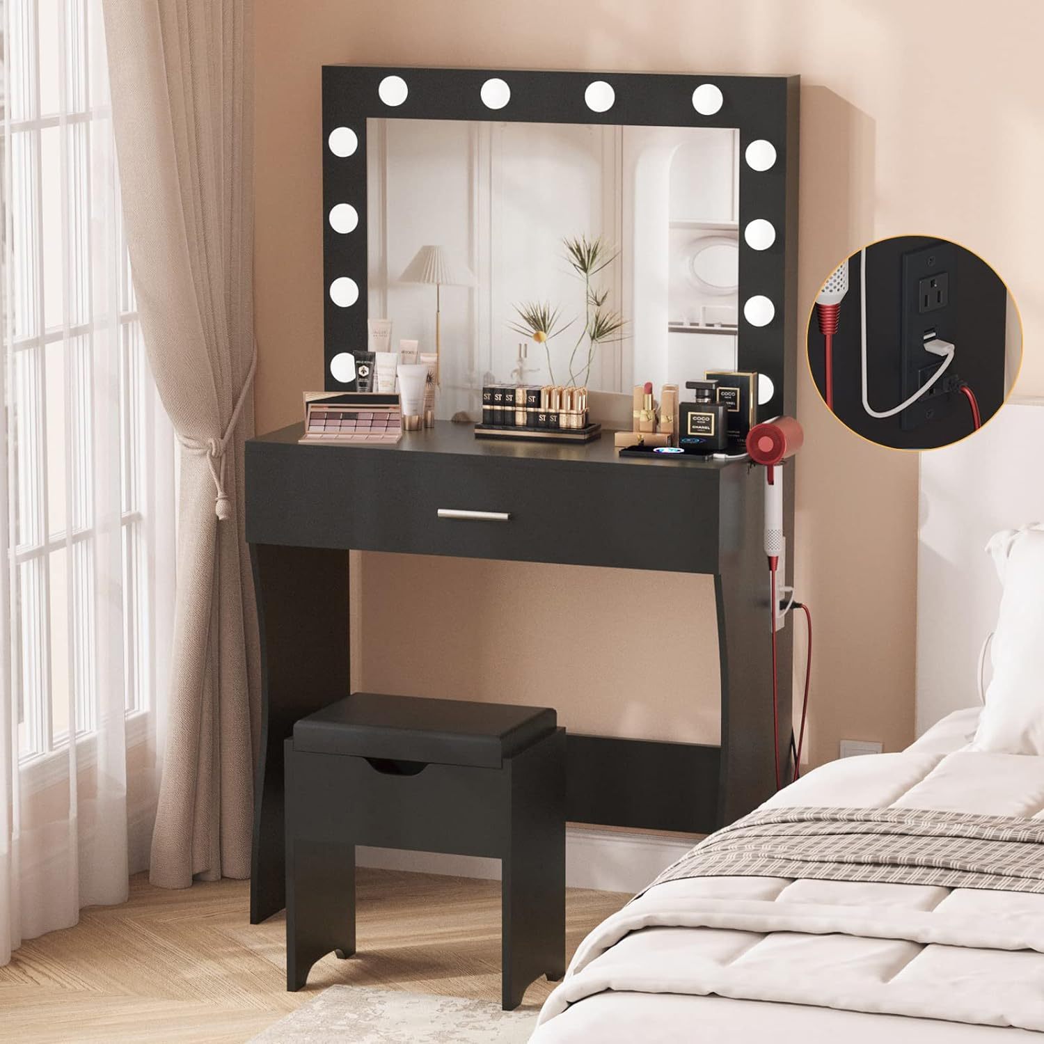 VEANERWOOD Vanity Table Set with Lighted Mirror - Makeup Vanity with Lights, Adjustable Brightness, Large Drawer Sturdy Wood Vanity, White