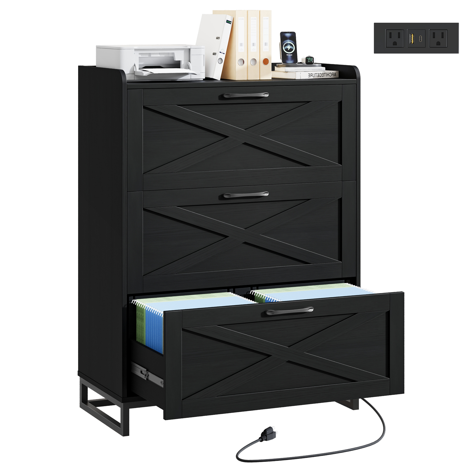 File Cabinet 3 Drawers Lateral File Cabinet with Charging Station for Letter/Legal/A4 Size Hanging Files, Large Wood File Storage Cabinets Printer Stand for Home Office, Black
