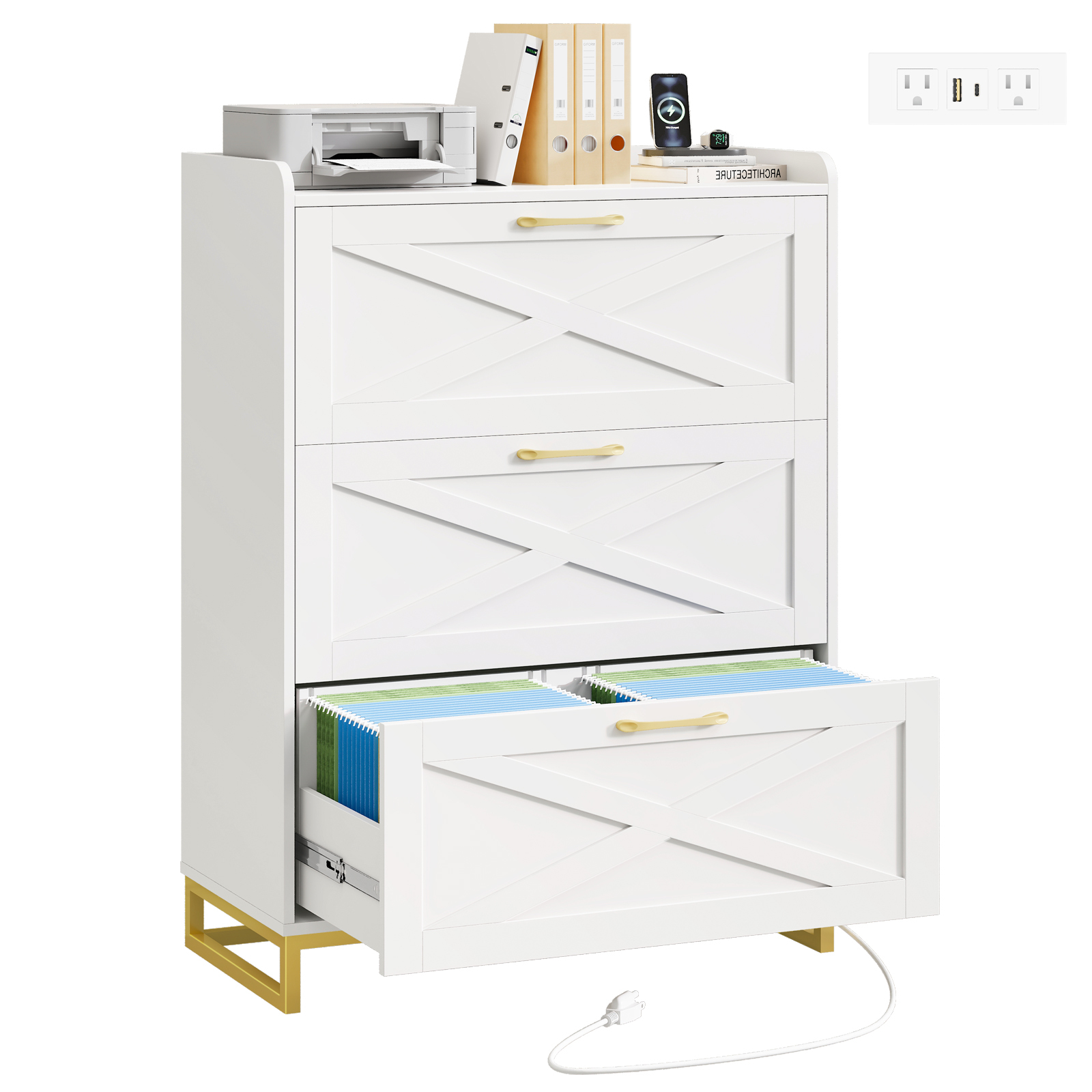 File Cabinet 3 Drawers Lateral File Cabinet with Charging Station for Letter/Legal/A4 Size Hanging Files, Large Wood File Storage Cabinets Printer Stand for Home Office, Black