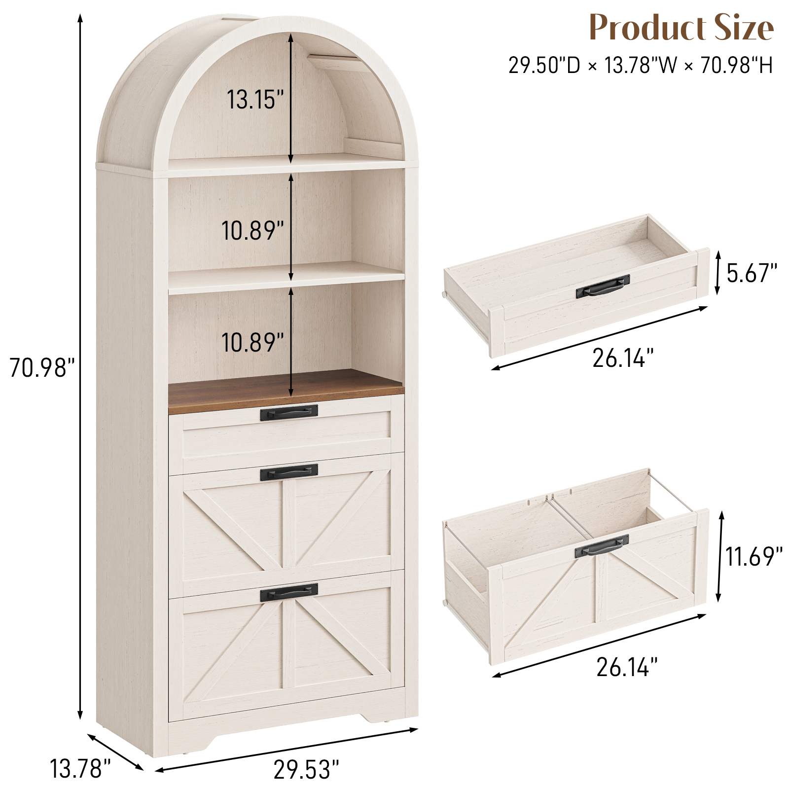 Arched Farmhouse File Cabinet with 2 Drawers for Legal, Letter, and A4 Size Hanging Files, Large Wooden File Cabinet for Home Office with Printer Stand and Bookshelf