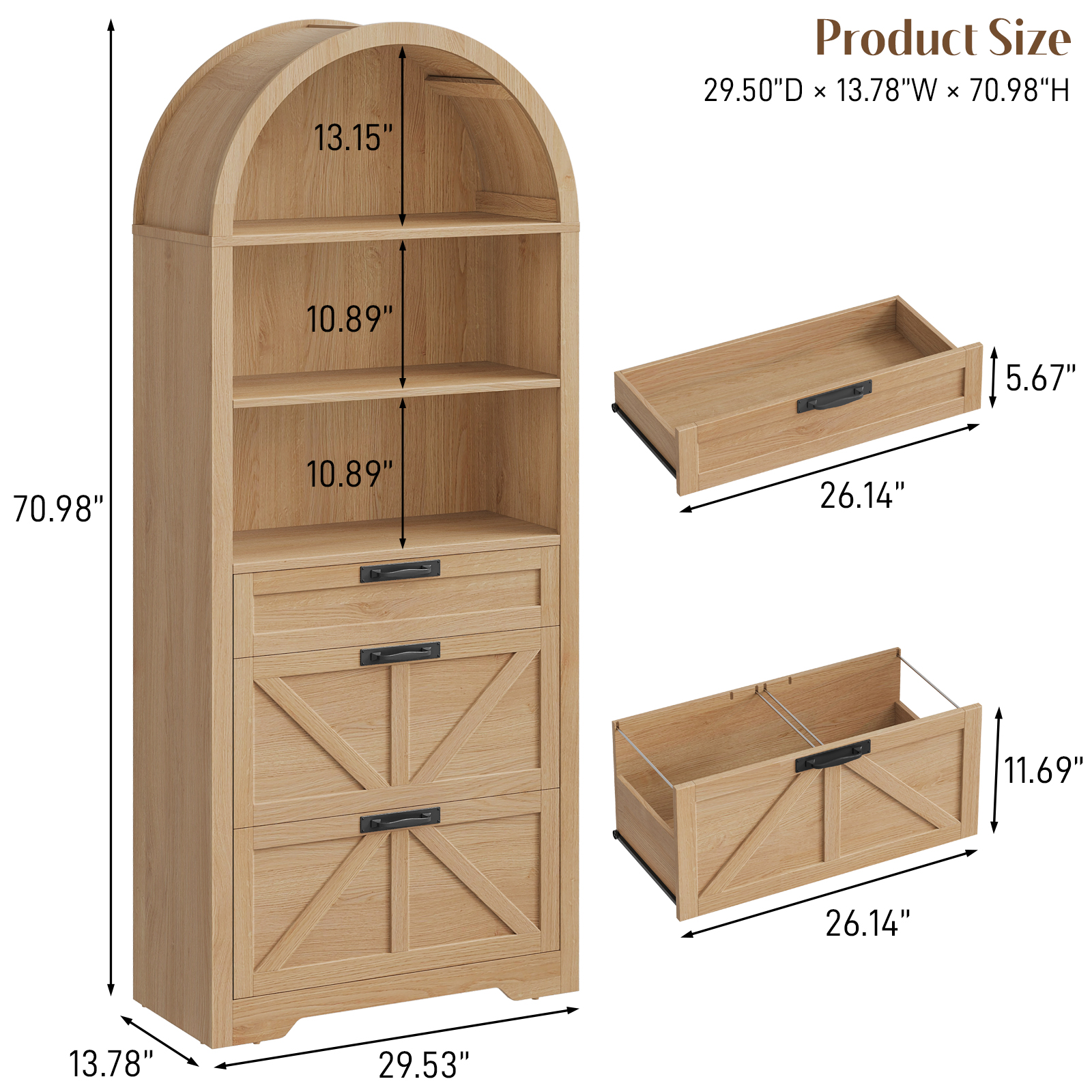 Arched Farmhouse File Cabinet with 2 Drawers for Legal, Letter, and A4 Size Hanging Files, Large Wooden File Cabinet for Home Office with Printer Stand and Bookshelf