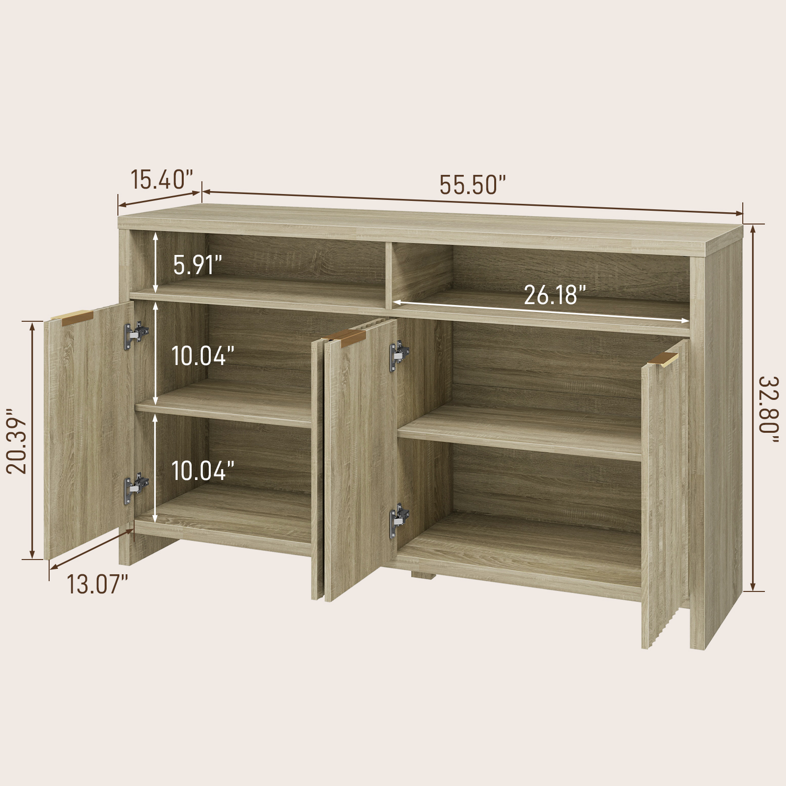 Vabches Oxford Fluted Storage Cabinet, Entertainment Center TV Console for Living Room Bedroom, Accent Cabinet with Doors and Shelves, Large Sideboard Buffet with Adjustable Shelf, Ash Oak