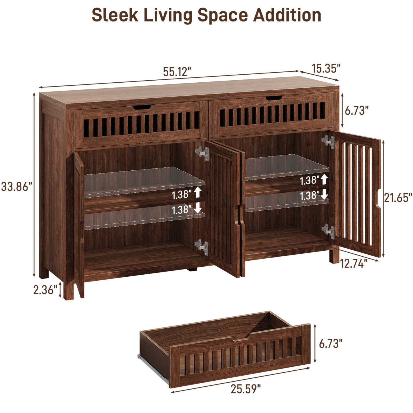 Vabches Storage Cabinet with Drawers, 55" Large Buffets & Sideboards with Adjustable Shelves and Doors, Multifunctional Kitchen Pantry Cabinet Coffee Bar Station for Dining Room, Living Room, Brown