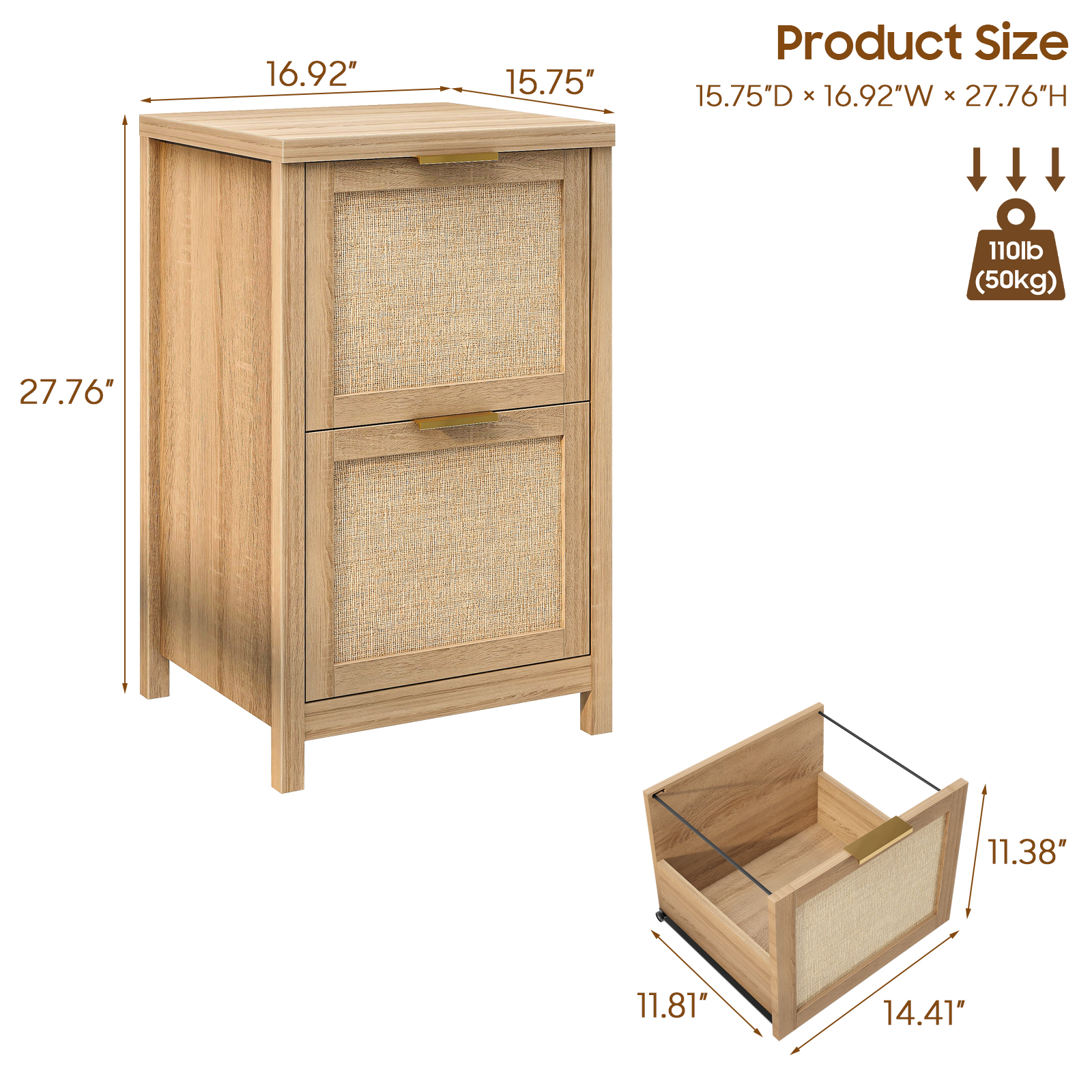 2-Drawer Rattan Small File Cabinet, Farmhouse Vertical Filing Cabinet Fits A4/Letter Size, Under Desk File Cabinets with Storage for Home Office, Wooden Printer Stand, Natural Oak