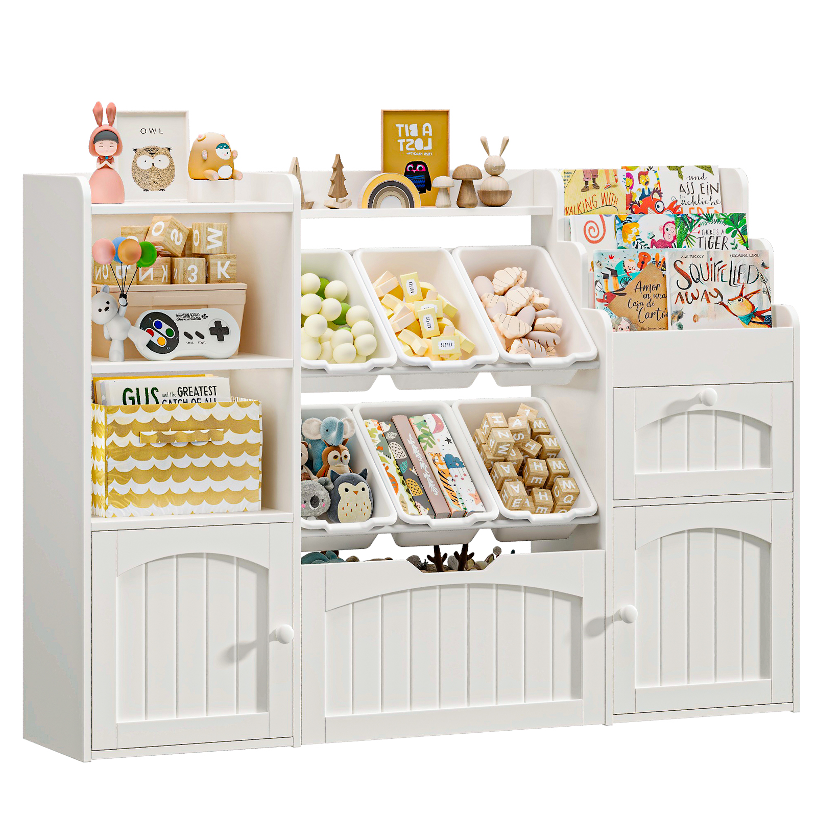 Halitta Toy Storage Organizer with Movable Drawer, Kids Bookshelf with 6 Toy Bins and 3-Tier Book Rack, Playroom Storage Organization with 2 Open Cubbies and 2 Cabinet for Living Room, Kids Room, White