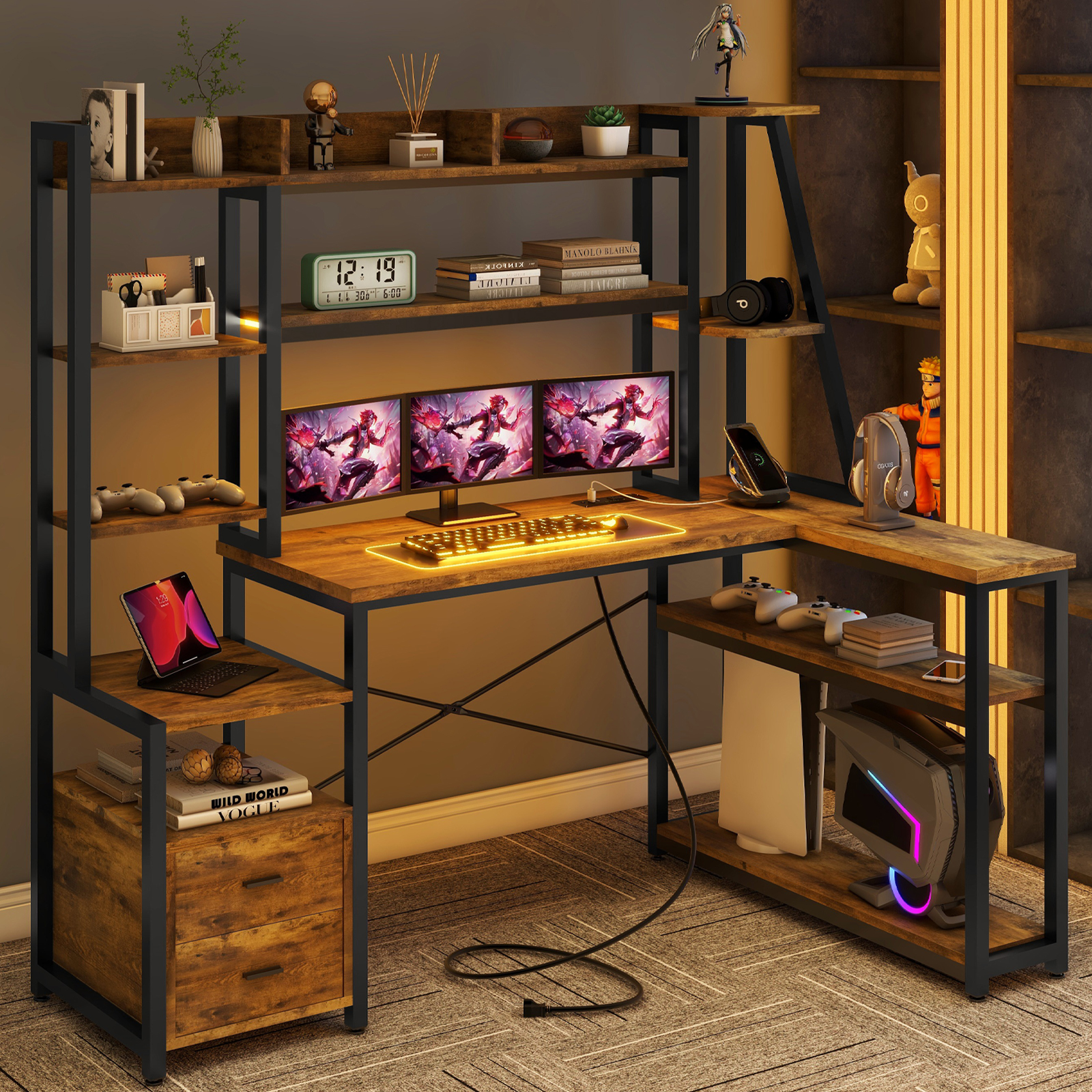 Vabches L Shape Computer Desk with LED Lights and Power Outlets, L Shaped Gaming Desk with 2 Drawers Hutch Monitor Stand