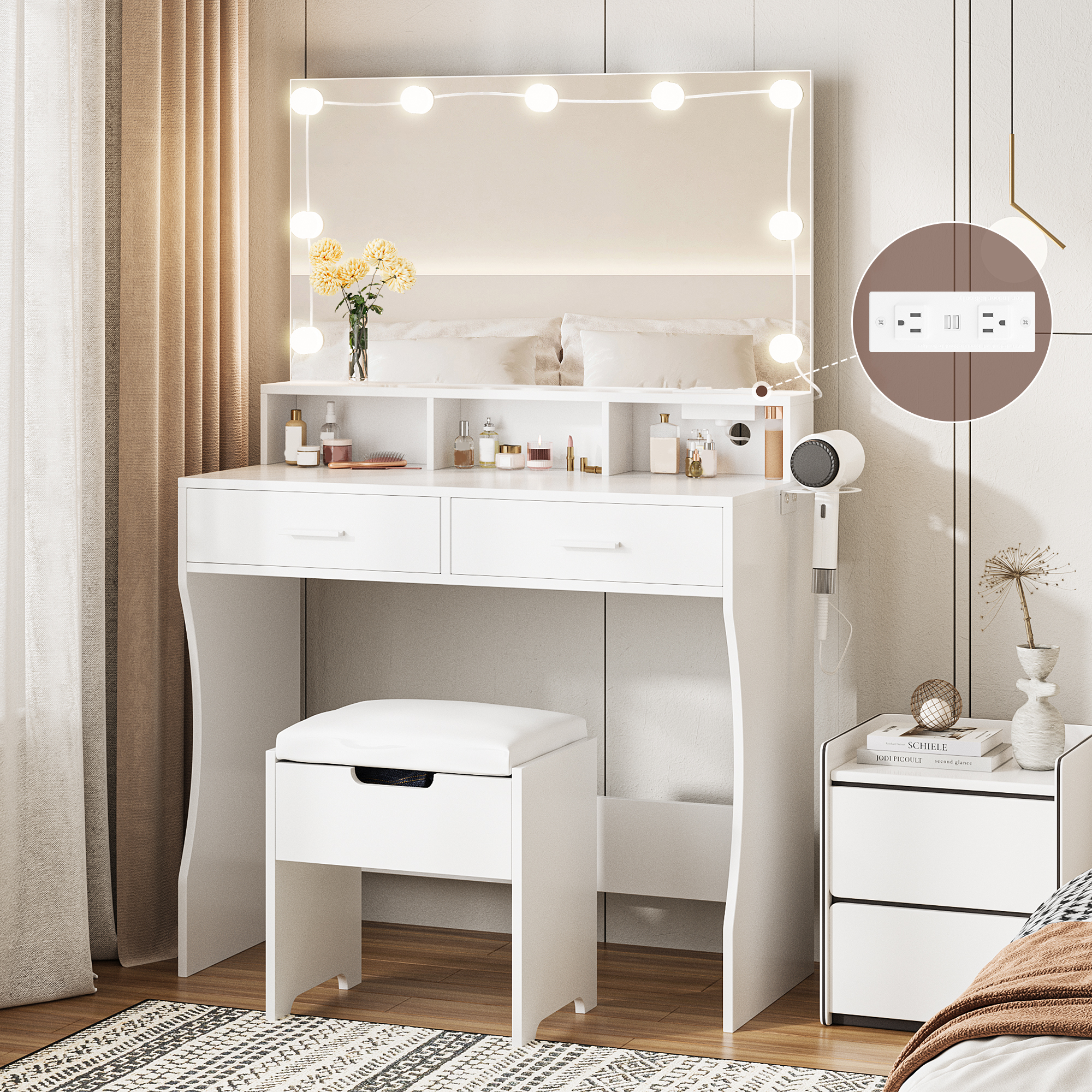 Veanerwood 31.5in Makeup Vanity Table with Lighted Mirror & Power Strip, Vanity Desk Set with Hair Dryer Holder, 3 Lighting Colors, White Finish