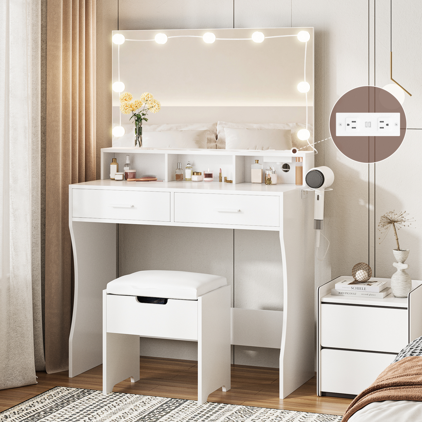 Veanerwood 31.5in Makeup Vanity Table with Lighted Mirror & Power Strip, Vanity Desk Set with Hair Dryer Holder, 3 Lighting Colors, White Finish