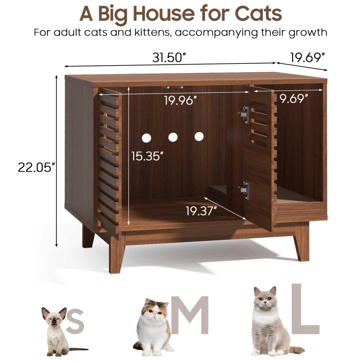 Halitaa 31.5" Cat Litter Box Enclosure, Hidden Litter Box Cabinet, Modern Indoor Cat House with Scratch Pad, Pet Storage Cabinet with 2 Doors, TV Stand for Living Room
