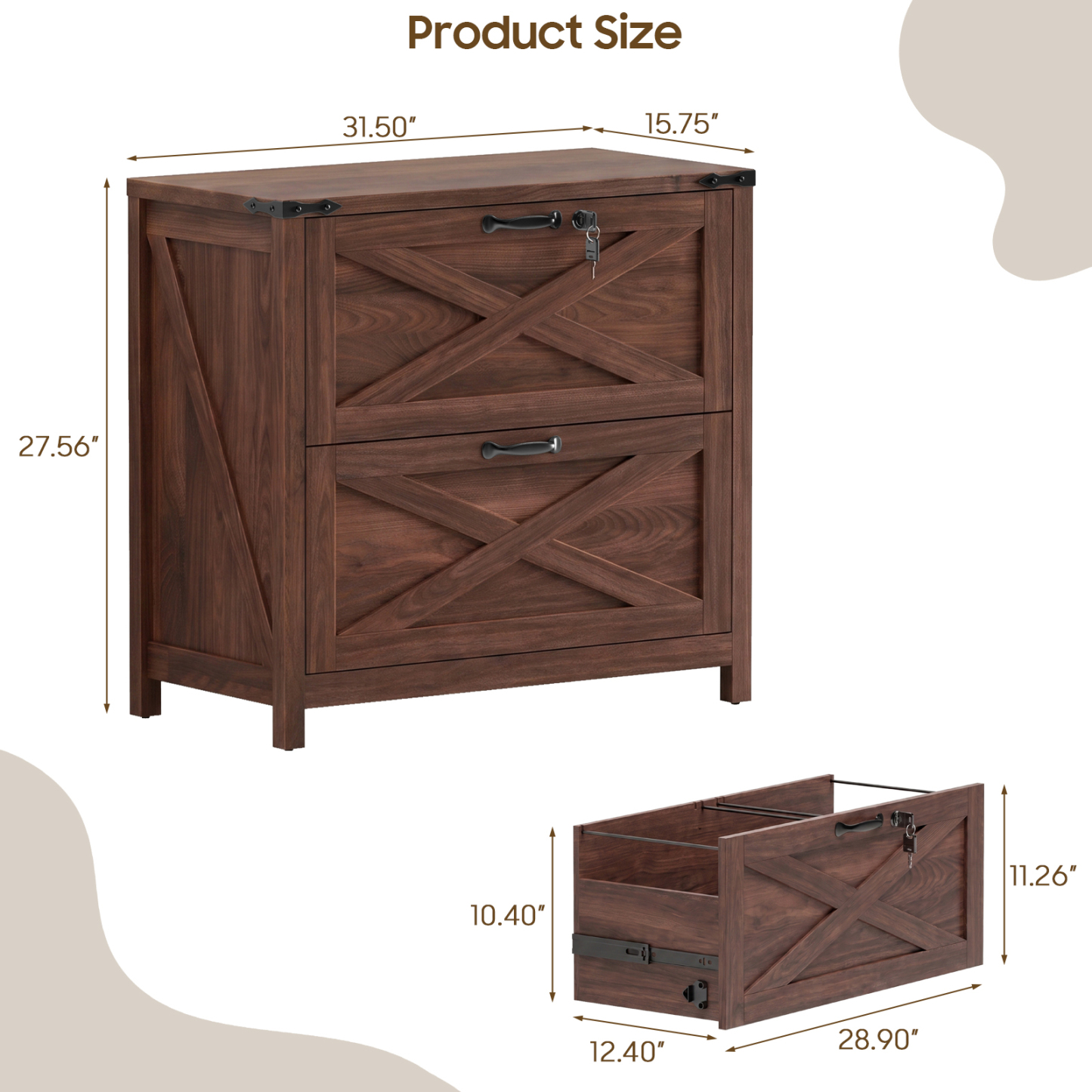 Halitaa Lateral File Cabinet with 2 Large Drawers, Farmhouse File Cabinet with Lock for Letter/Legal/A4 Size Hanging Files, Wood File Storage Cabinets Printer Stand for Home Office Cabinets