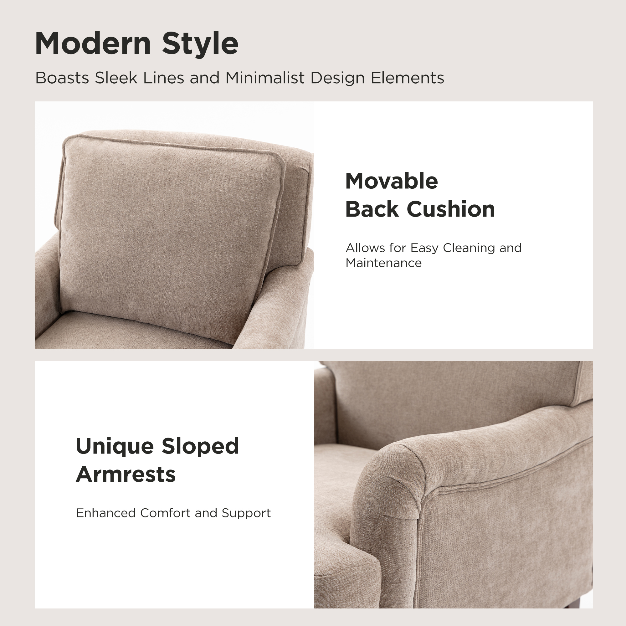 Conate Modern Accent Chair with Cushion, Cozy Chenille Reading Arm Chair with Wood Roller Legs for Living Room, Bedroom, Reading Nook, Beige