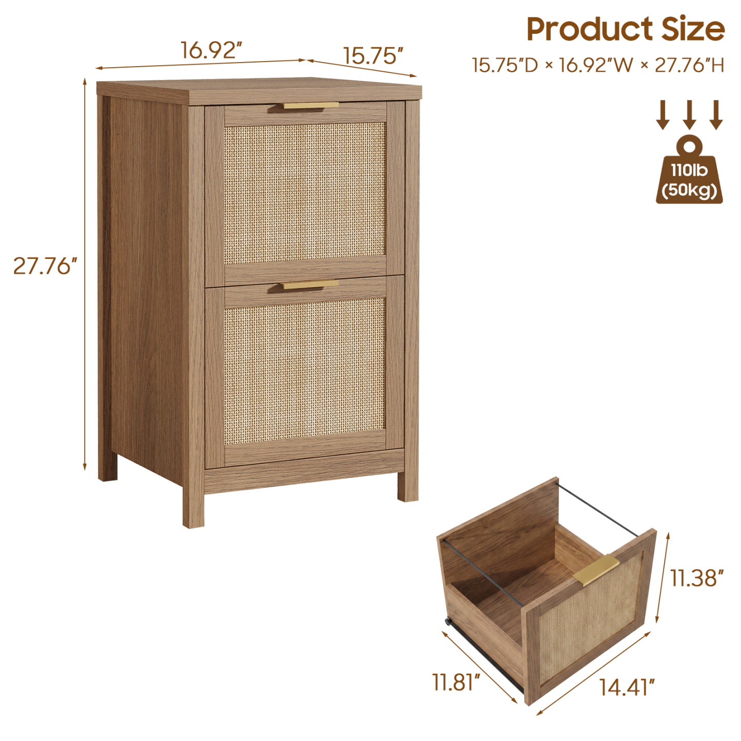 2-Drawer Rattan Small File Cabinet, Farmhouse Vertical Filing Cabinet Fits A4/Letter Size, Under Desk File Cabinets with Storage for Home Office, Wooden Printer Stand, Natural Oak