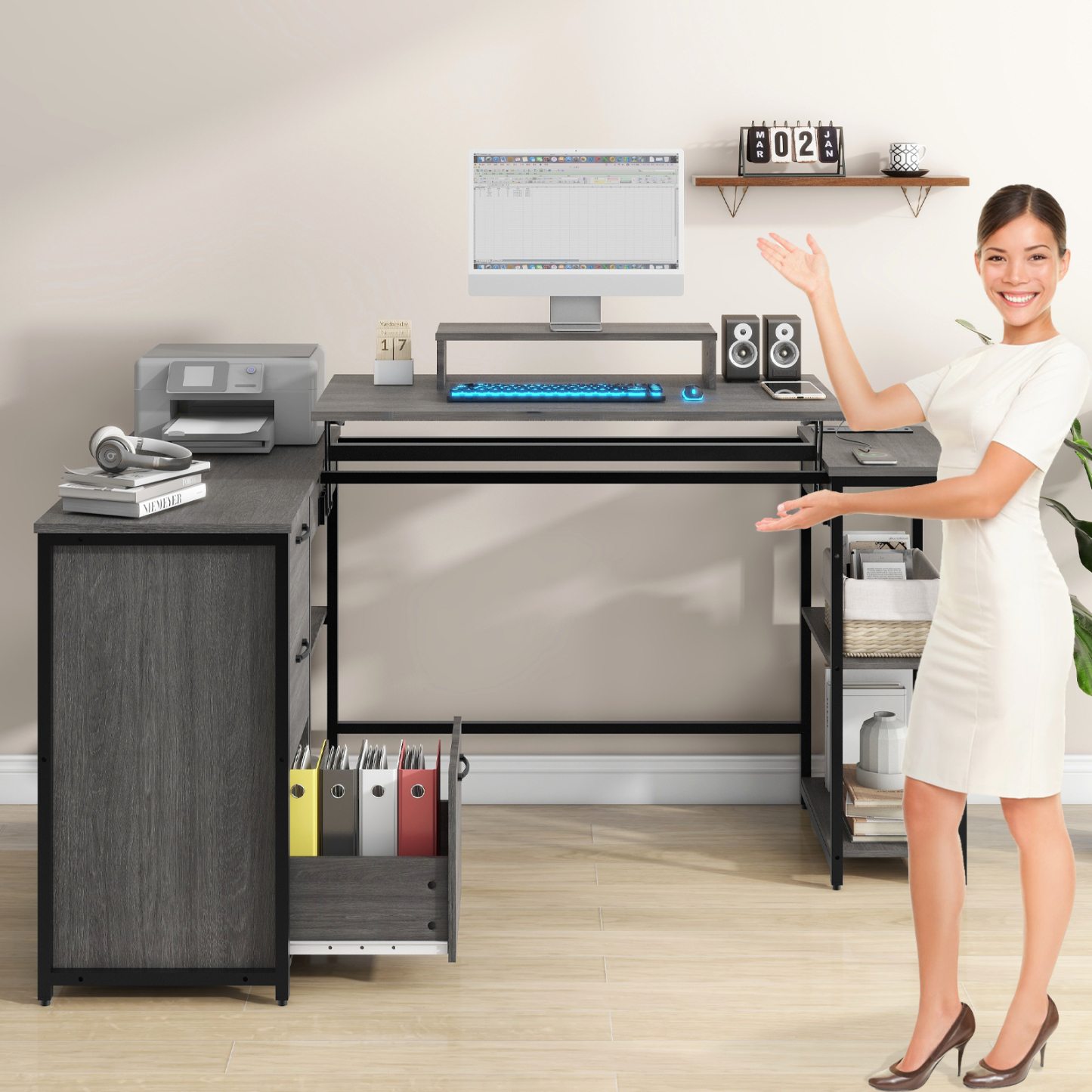 61" L Shaped Computer Desk with LED Lights and Power Outlets, Reversible L Shaped Gaming Desk with 3 Drawers Hutch Monitor Stand, Home Office Desk with USB Port