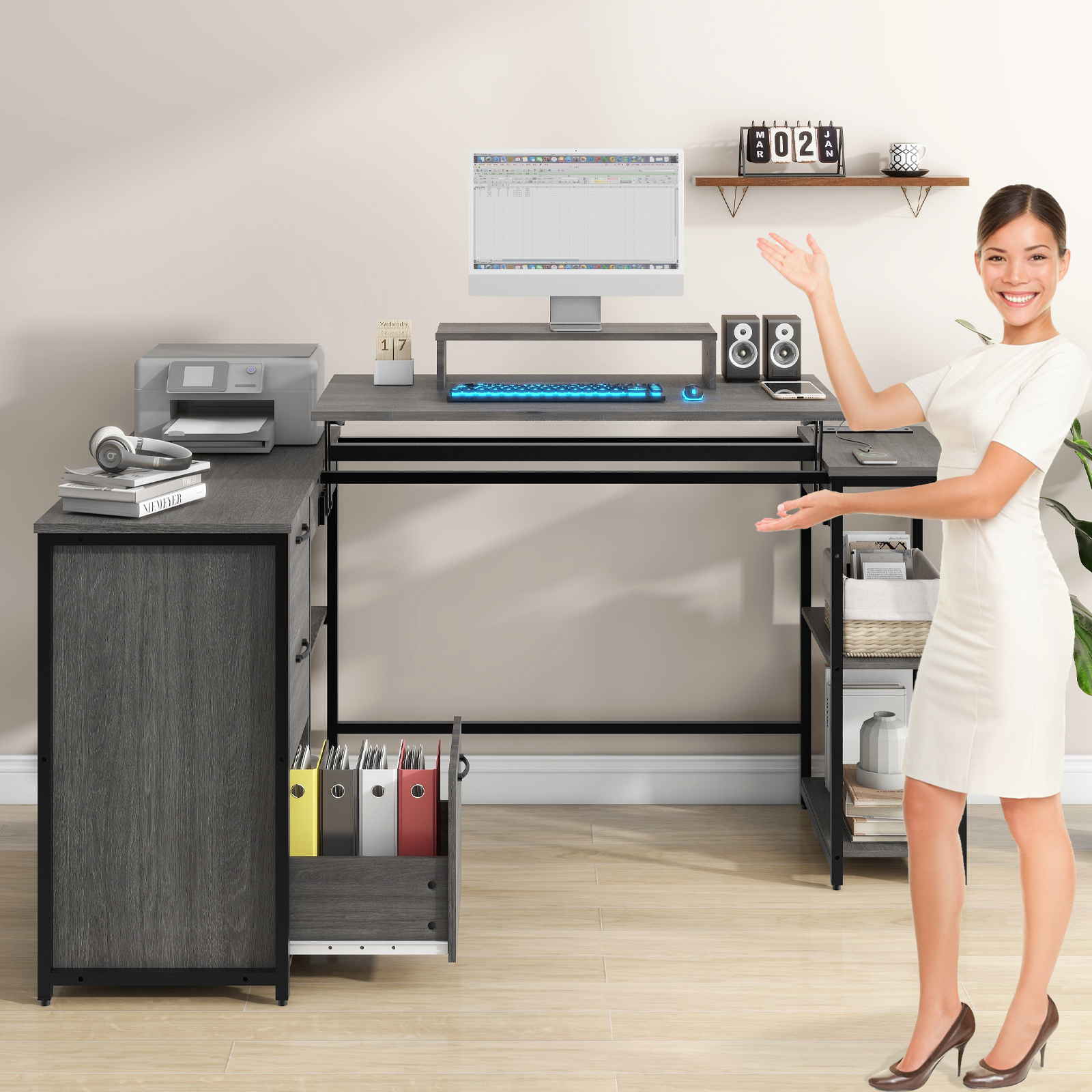 61" L Shaped Computer Desk with LED Lights and Power Outlets, Reversible L Shaped Gaming Desk with 3 Drawers Hutch Monitor Stand, Home Office Desk with USB Port