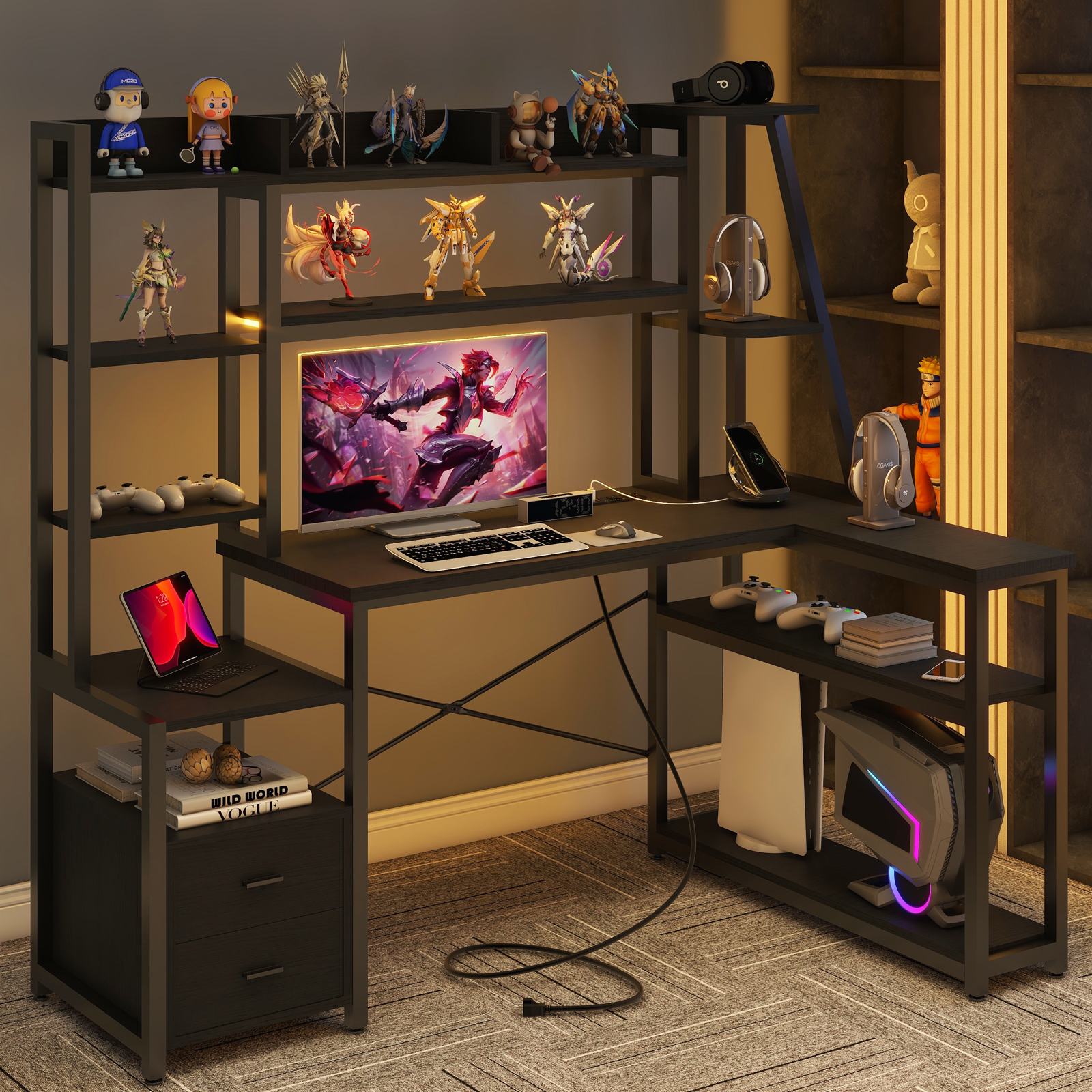 Vabches L Shaped Computer Desk with LED Lights and Power Outlets, L Sh