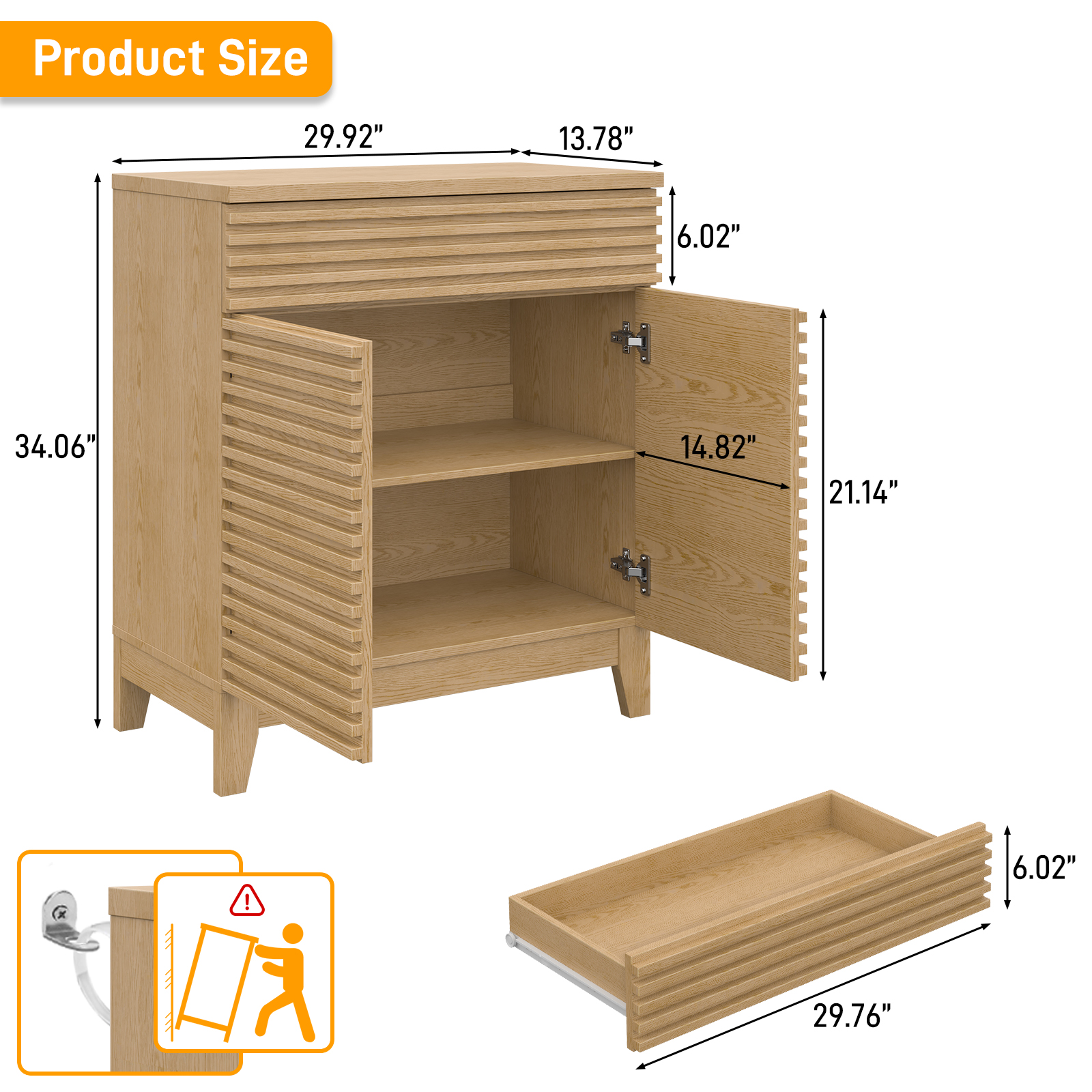 Vabches Fluted Buffet Cabinet with Storage, Coffee Bar Cabinet with a Drawer, Sideboard Buffet Kitchen Storage Cabinets with Adjustable Shelves for Living Room, Kitchen, Natural Oak