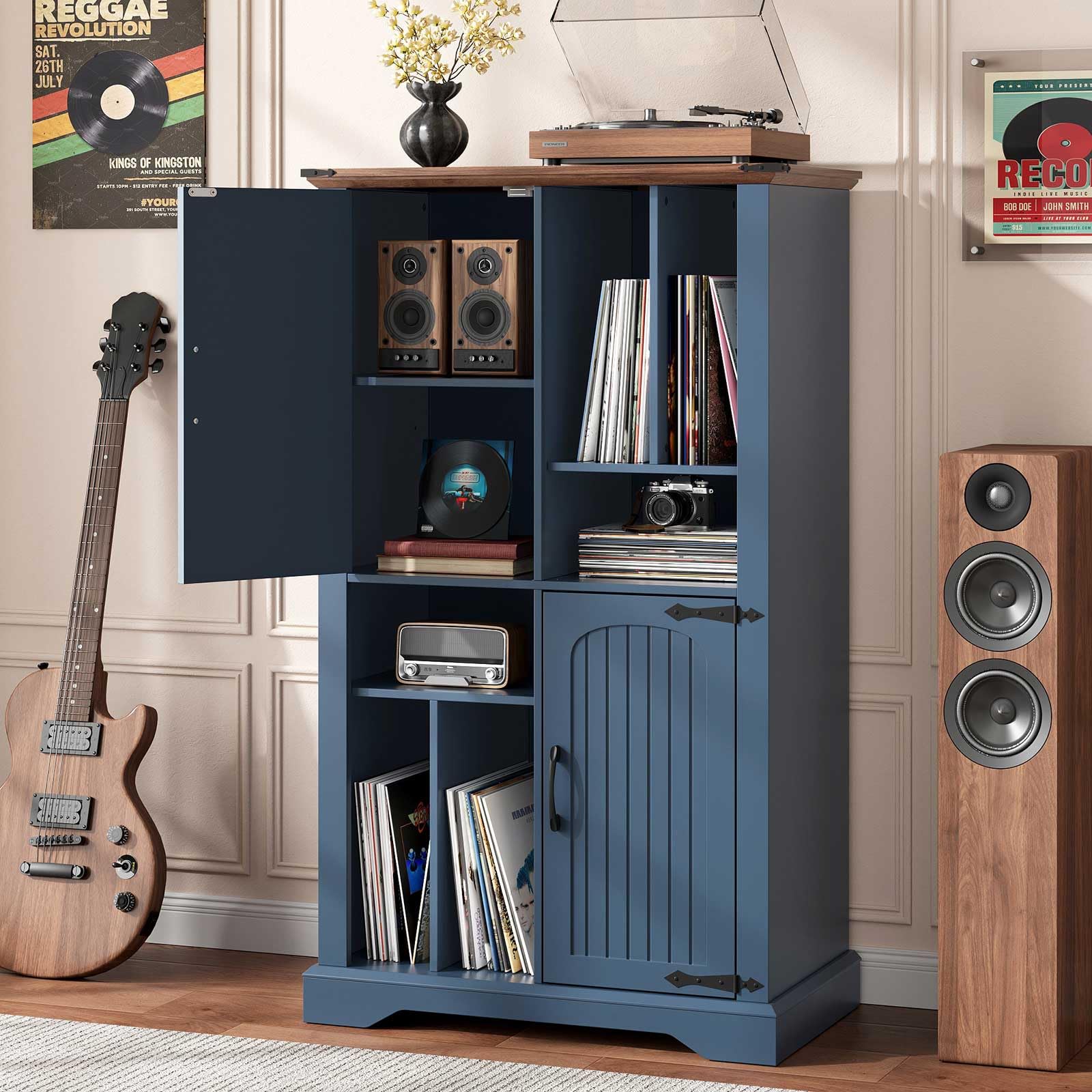 Halitaa Large Record Player Stand with Vinyl Storage Cabinet & Shelf | Mid Century Modern Turntable Stand with Adjustable Shelves, Solid Wood Media Cabinet for Living Room, Bedroom, Music Corner