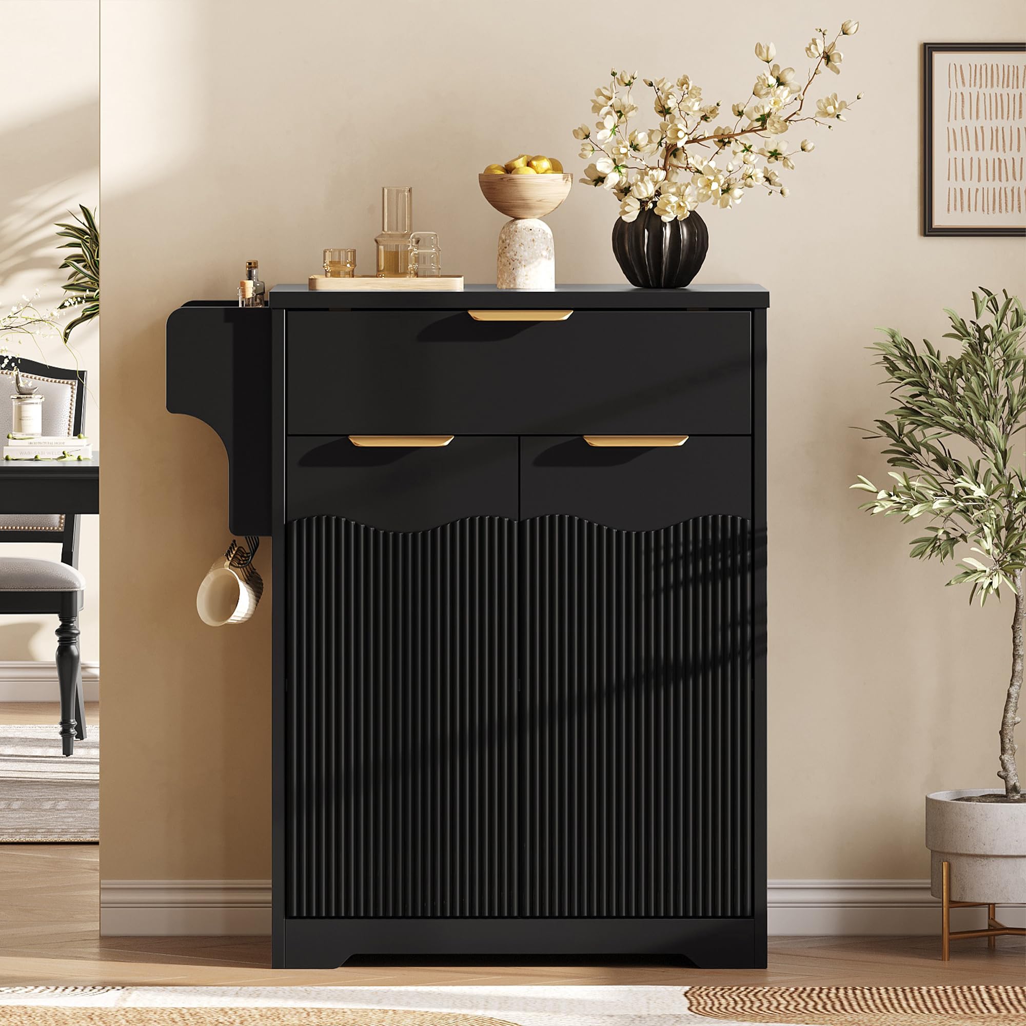 Halitaa Fluted Coffee Bar Cabinet, Sideboard Buffet Cabinet with Storage | Kitchen Island with Dual-Purpose Floating Shelf, Hooks, and Adjustable Shelf for Kitchen, Living Room, Dining Room, Entryway