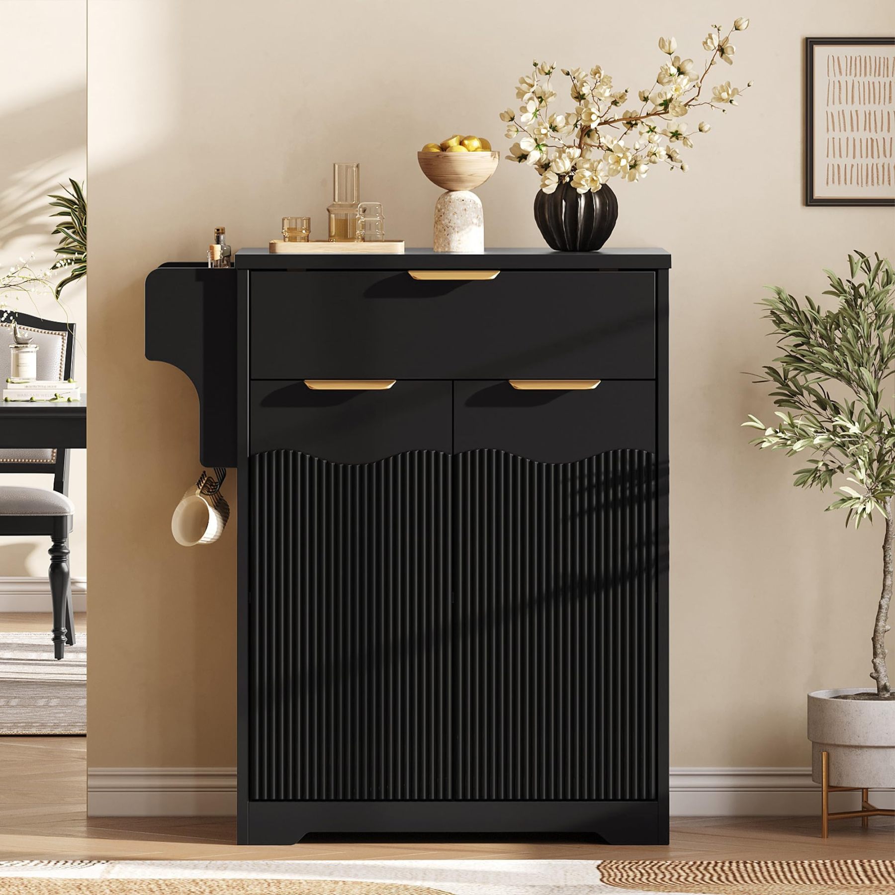 Halitaa Fluted Coffee Bar Cabinet, Sideboard Buffet Cabinet with Storage | Kitchen Island with Dual-Purpose Floating Shelf, Hooks, and Adjustable Shelf for Kitchen, Living Room, Dining Room, Entryway
