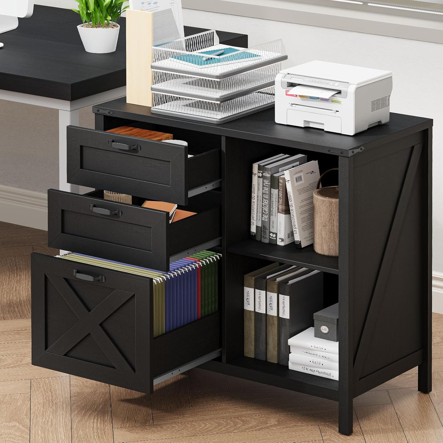 Halitaa 3 Drawer File Cabinet, Farmhouse Lateral Filing Cabinet Fits Files Letter or A4 Size, Wooden Printer Stand with Open Storage Adjustable Shelf for Home Office