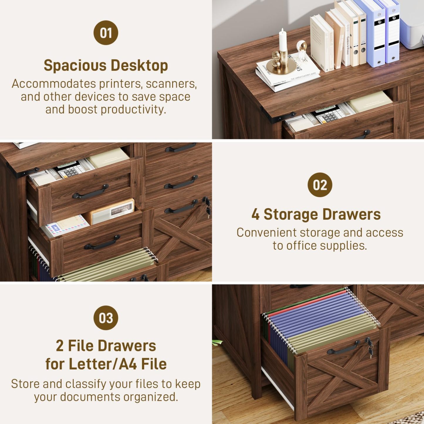 Halitaa Farmhouse Lateral File Cabinet with 6 Drawers, Walnut|Lateral Filing Cabinet with Lock for Letter/A4 Size Hanging File, Wood File Storage Cabinet Printer Stand for Home Office