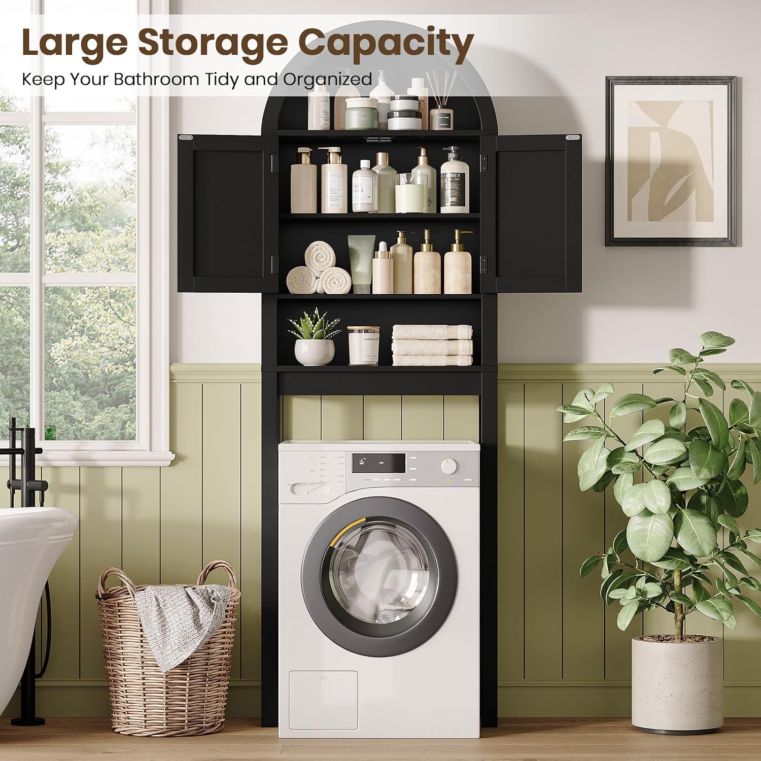 Halitaa Arched Over The Toilet Storage Cabinet with Barn Doors | Wooden Small Organizer, Farmhouse Style Bathroom Cabinet with Adjustable Shelf, Freestanding Bathroom Storage Cabinet