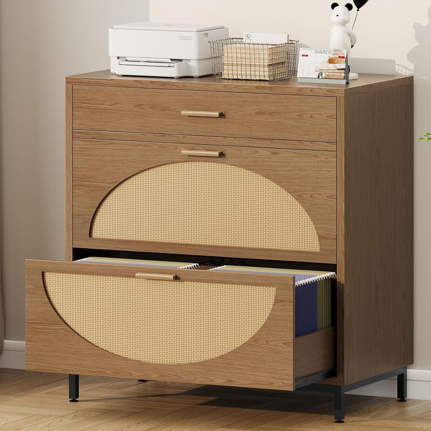 Lateral File Cabinet with 3 Drawers, Eco Rattan Wood File Cabinet for Home Office, Large Filing Storage Cabinets Printer Stand for Letter/Legal/A4 Size Hanging File