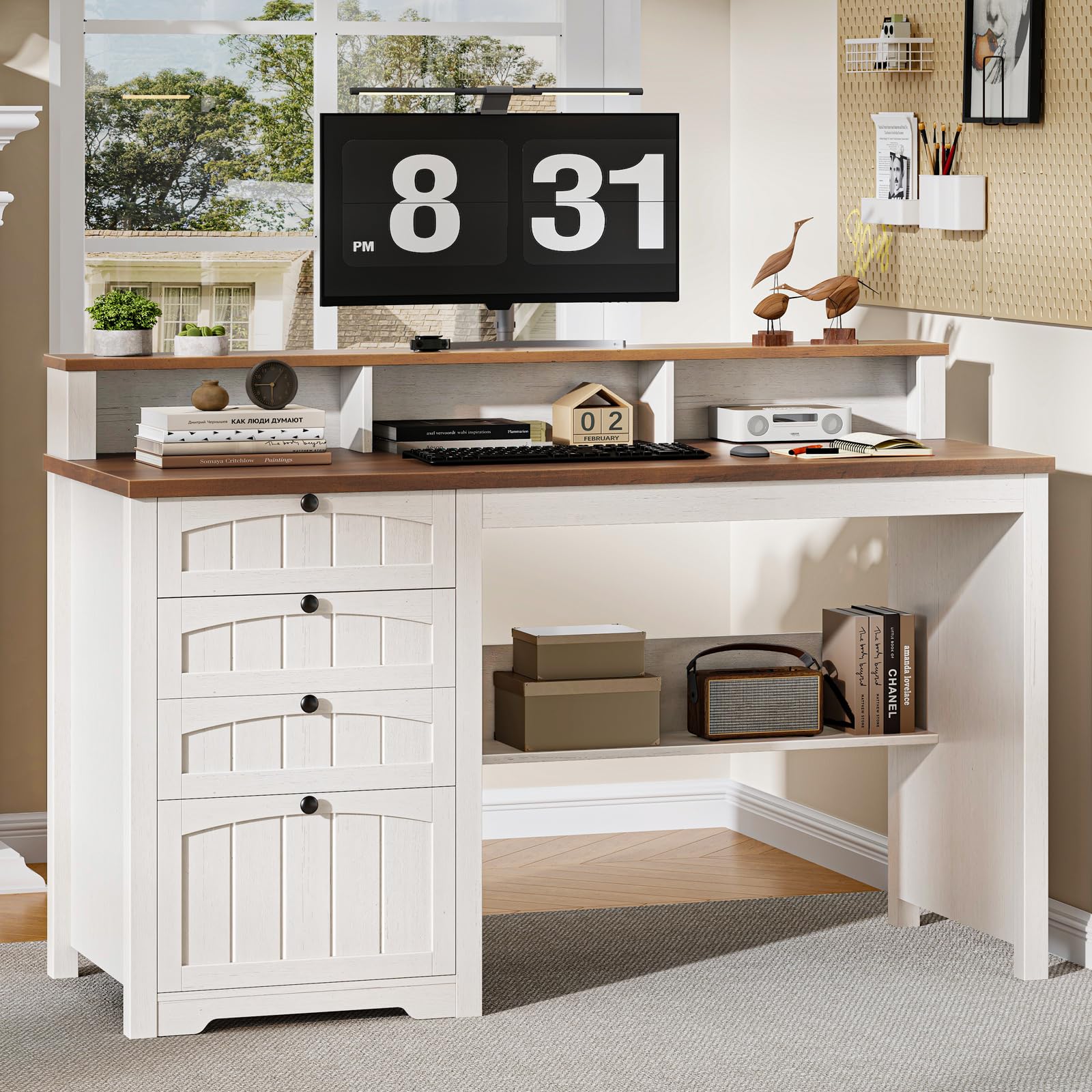 Halitaa 47" Farmhouse Home Office Desk with 4 Drawers | Halitaa Wooden Executive Desk with File Drawer, Computer Desk with Storage Cabinet Workstation for Work, Study and Writing