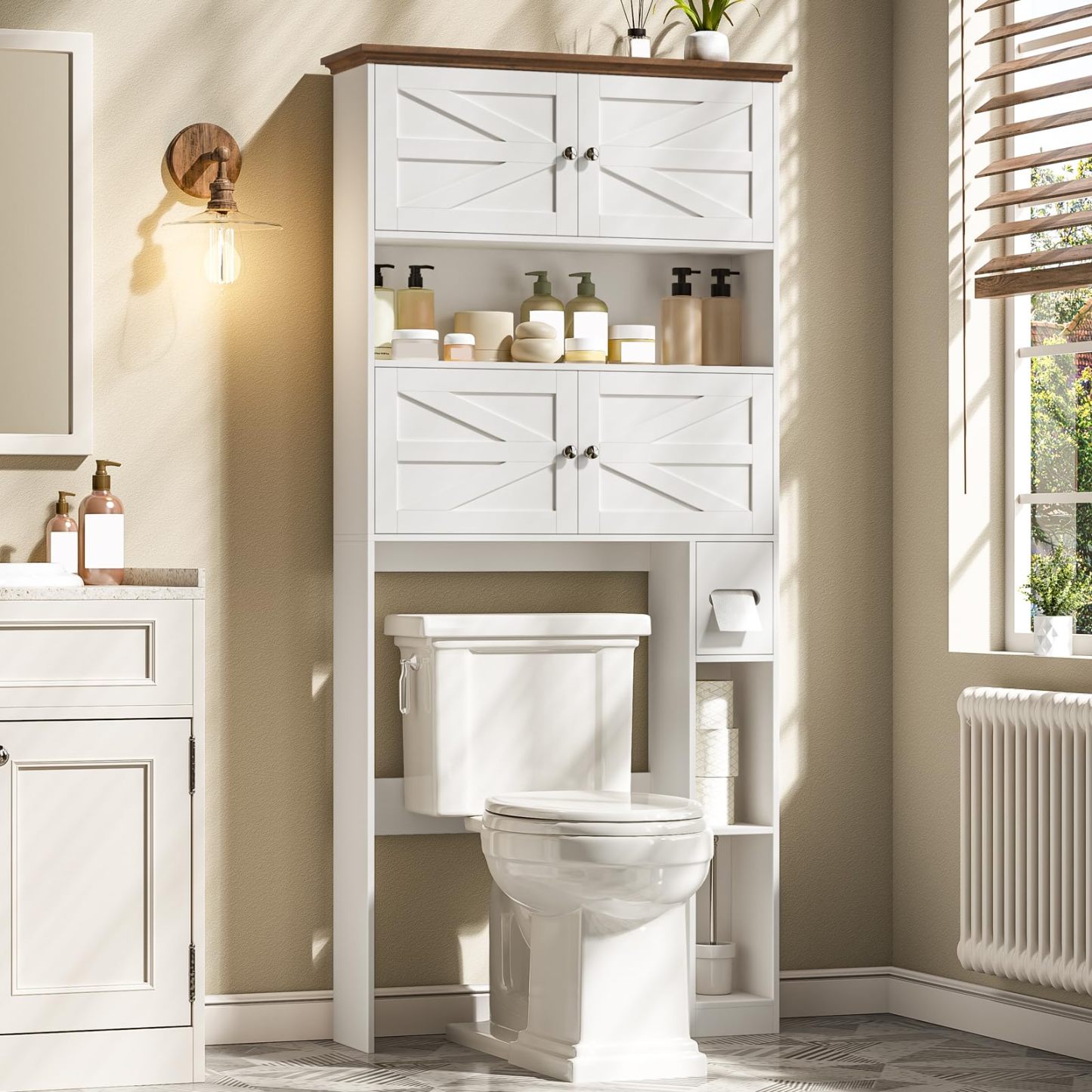 Halitaa Wooden Over The Toilet Storage Cabinet with Barn Door|Farmhouse Toilet Shelf Home Space Saver with Toilet Paper Holder, Freestanding Bathroom Storage Cabinet Organizer
