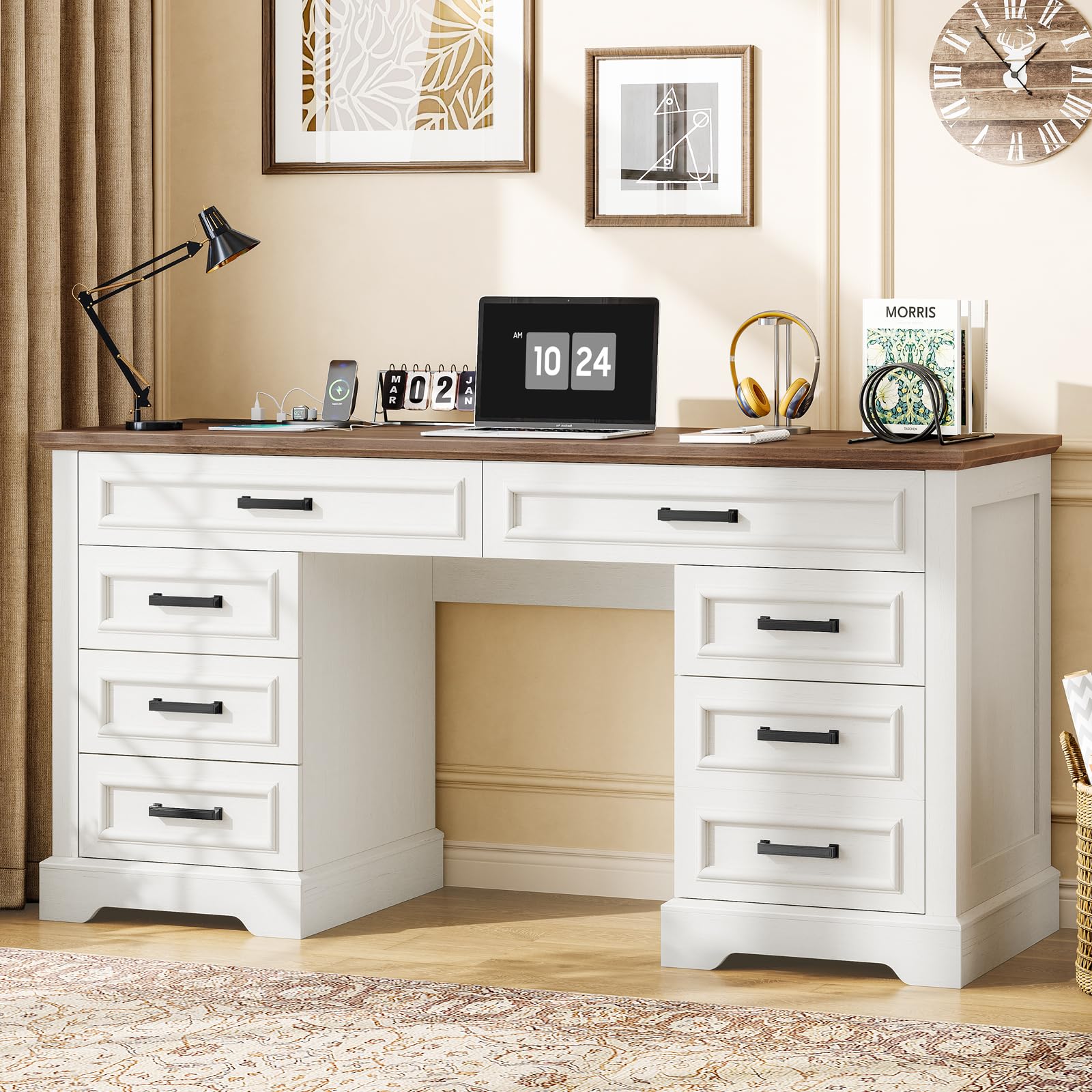 Halitaa 58" Farmhouse Desk with Drawers for Home Office | Wooden Executive Desk with Charging Station, Computer Desk with File Drawer and Storage Cabinet for Work, Study and Writing