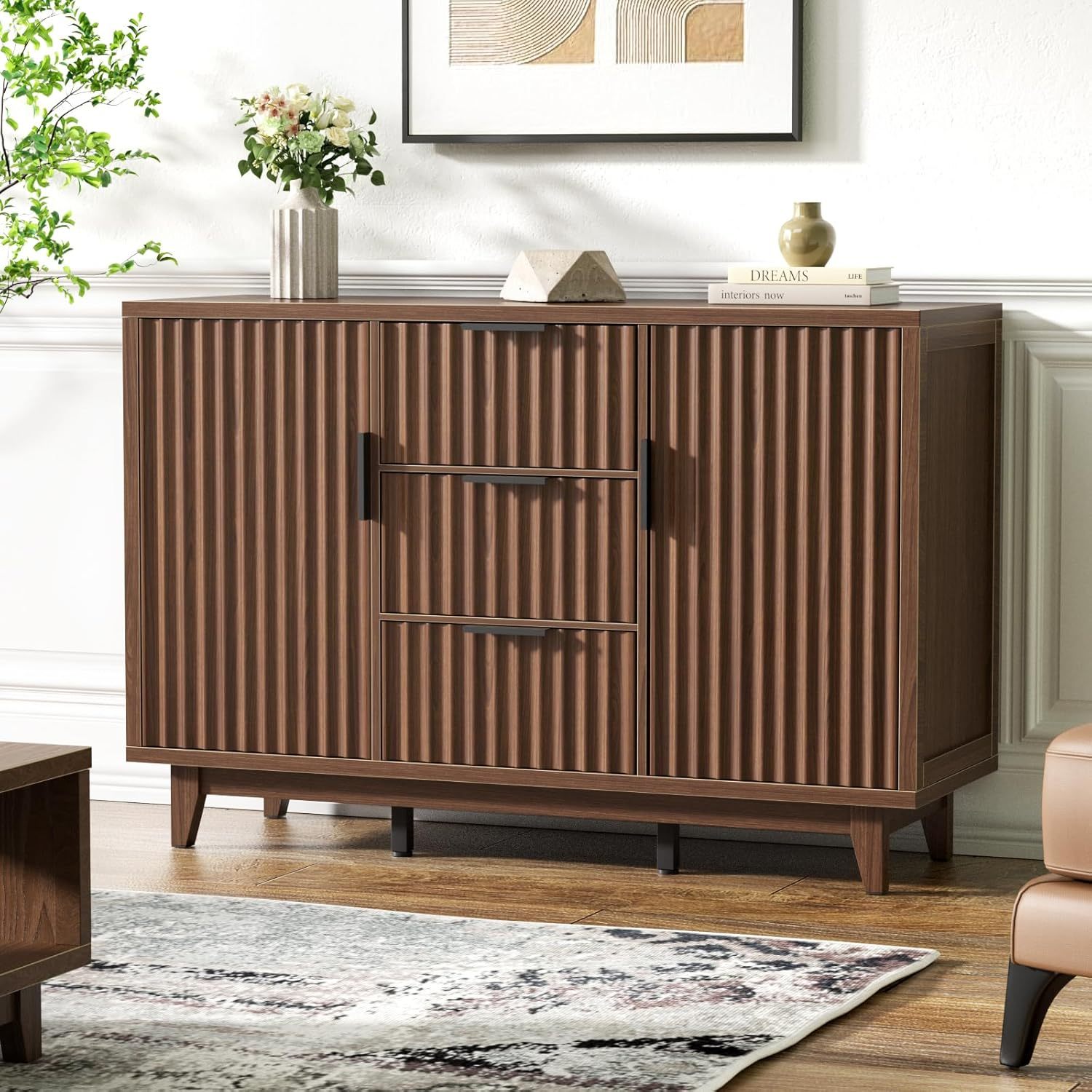 VEANERWOOD Fluted Cabinet with Storage, 2 Doors Sideboard Buffet Cabinet Modern Accent Cabinet