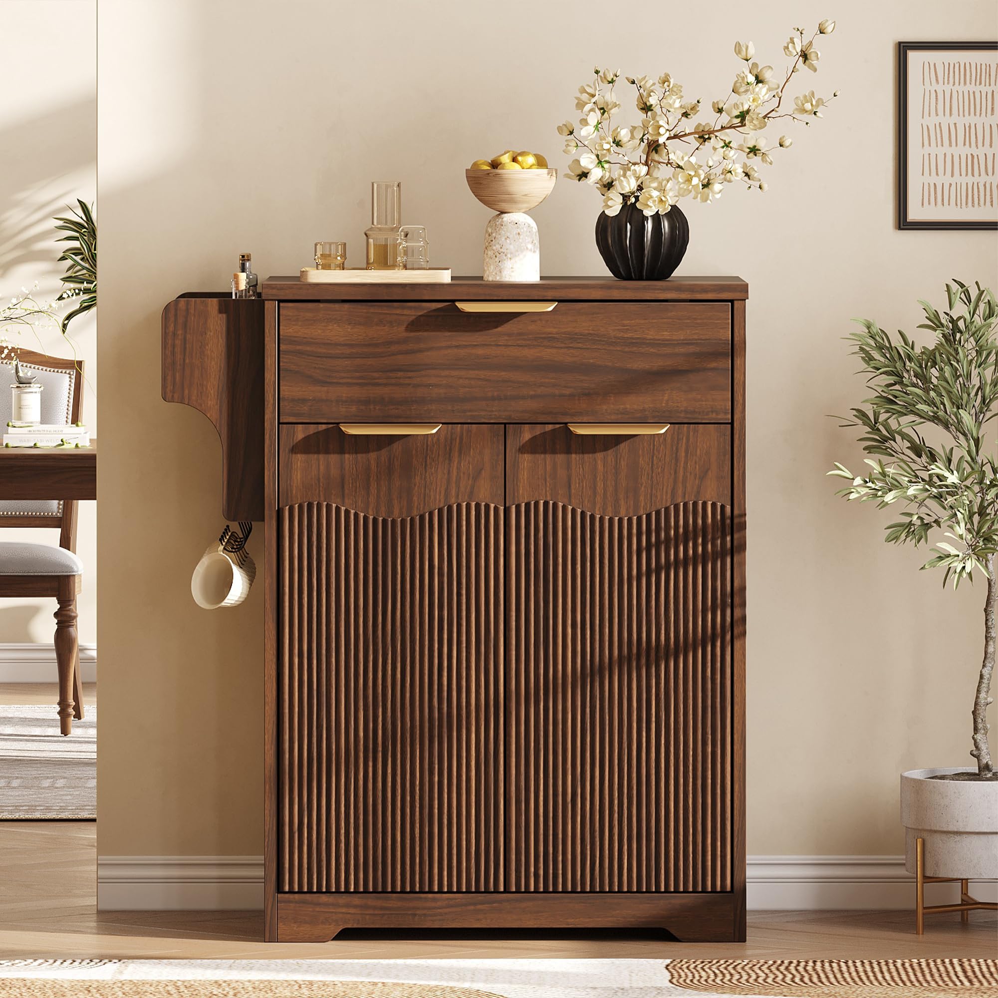 Halitaa Fluted Coffee Bar Cabinet, Sideboard Buffet Cabinet with Storage | Kitchen Island with Dual-Purpose Floating Shelf, Hooks, and Adjustable Shelf for Kitchen, Living Room, Dining Room, Entryway