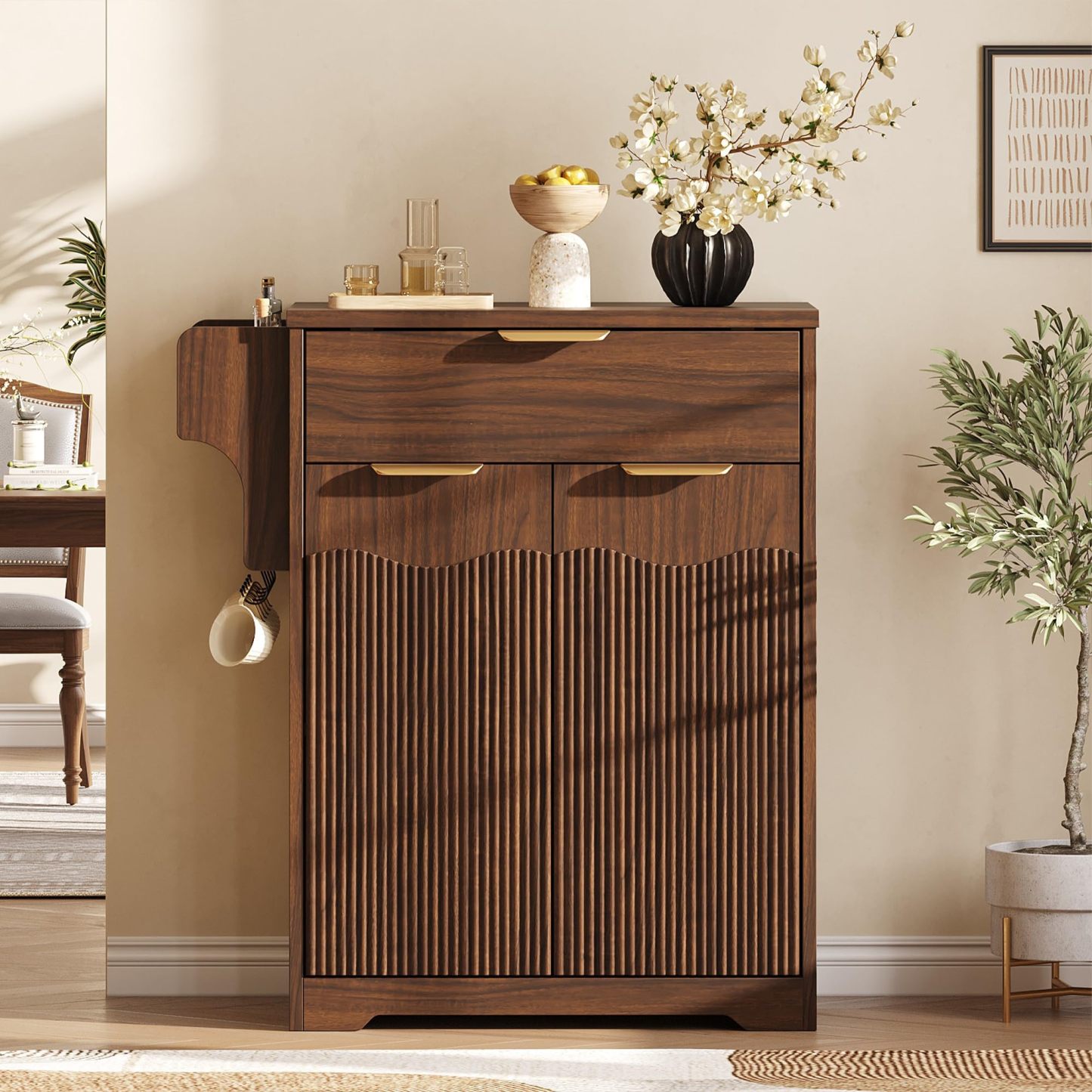 Halitaa Fluted Coffee Bar Cabinet, Sideboard Buffet Cabinet with Storage | Kitchen Island with Dual-Purpose Floating Shelf, Hooks, and Adjustable Shelf for Kitchen, Living Room, Dining Room, Entryway