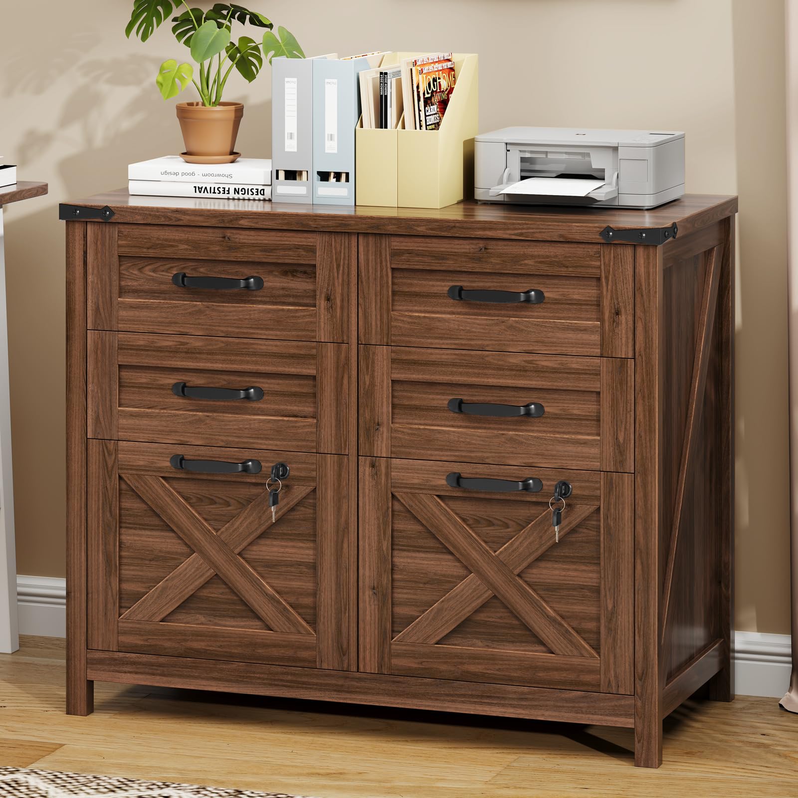 Halitaa Farmhouse Lateral File Cabinet with 6 Drawers, Walnut|Lateral Filing Cabinet with Lock for Letter/A4 Size Hanging File, Wood File Storage Cabinet Printer Stand for Home Office