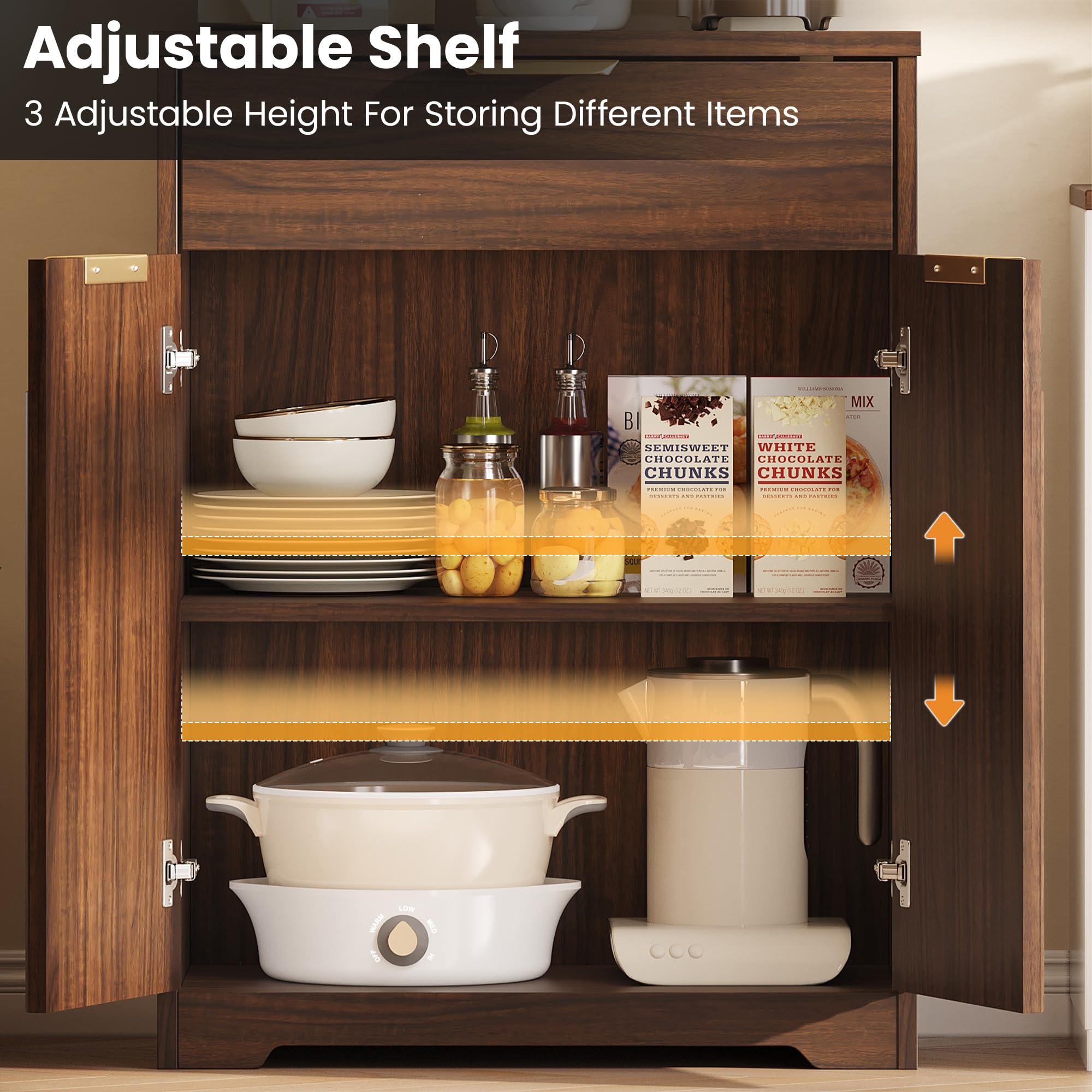 Halitaa Fluted Coffee Bar Cabinet, Sideboard Buffet Cabinet with Storage | Kitchen Island with Dual-Purpose Floating Shelf, Hooks, and Adjustable Shelf for Kitchen, Living Room, Dining Room, Entryway