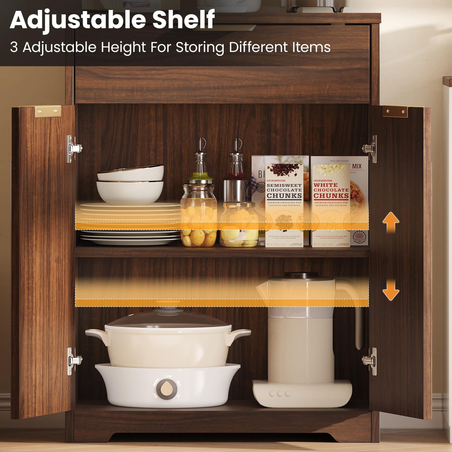 Halitaa Fluted Coffee Bar Cabinet, Sideboard Buffet Cabinet with Storage | Kitchen Island with Dual-Purpose Floating Shelf, Hooks, and Adjustable Shelf for Kitchen, Living Room, Dining Room, Entryway