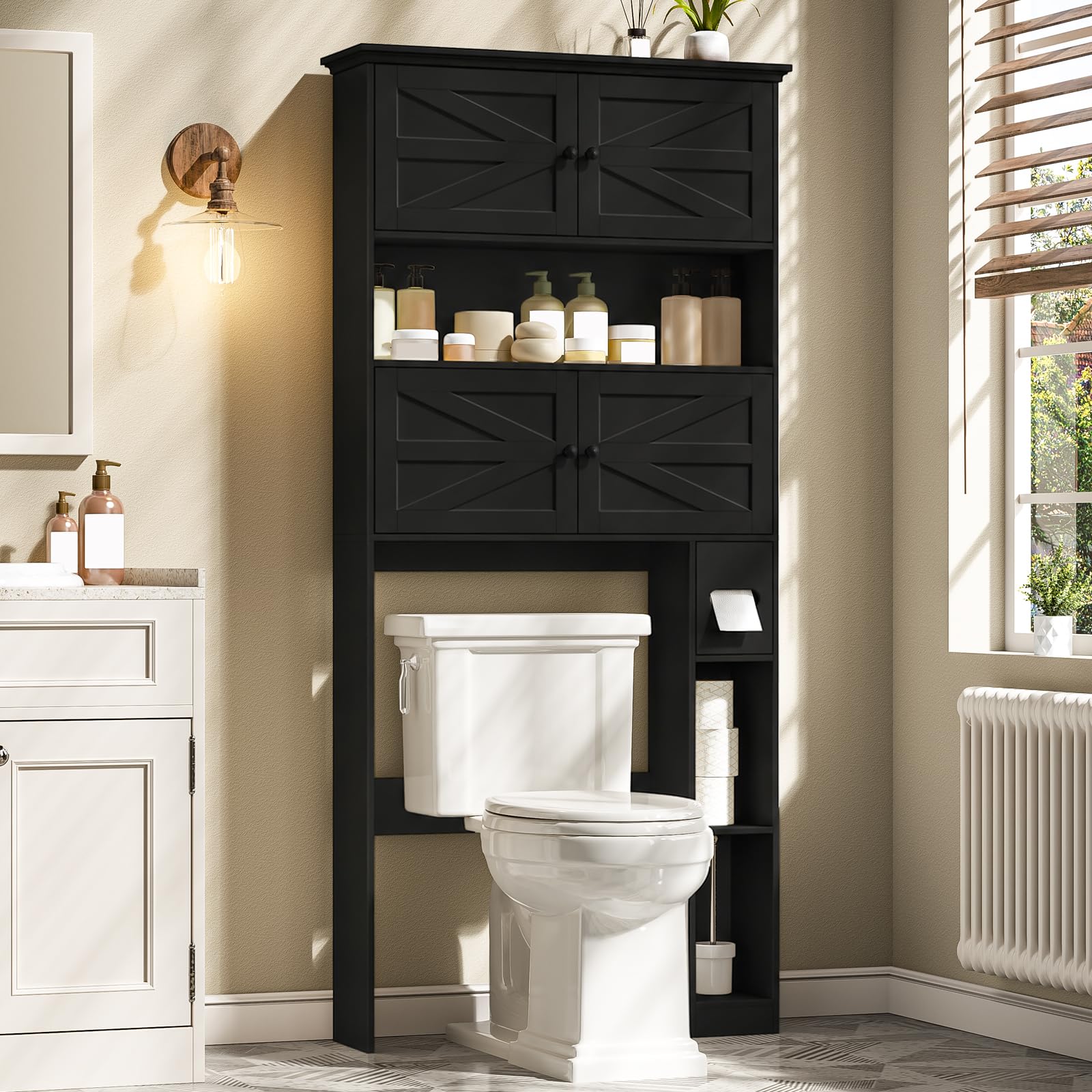 Halitaa Wooden Over The Toilet Storage Cabinet with Barn Door|Farmhouse Toilet Shelf Home Space Saver with Toilet Paper Holder, Freestanding Bathroom Storage Cabinet Organizer