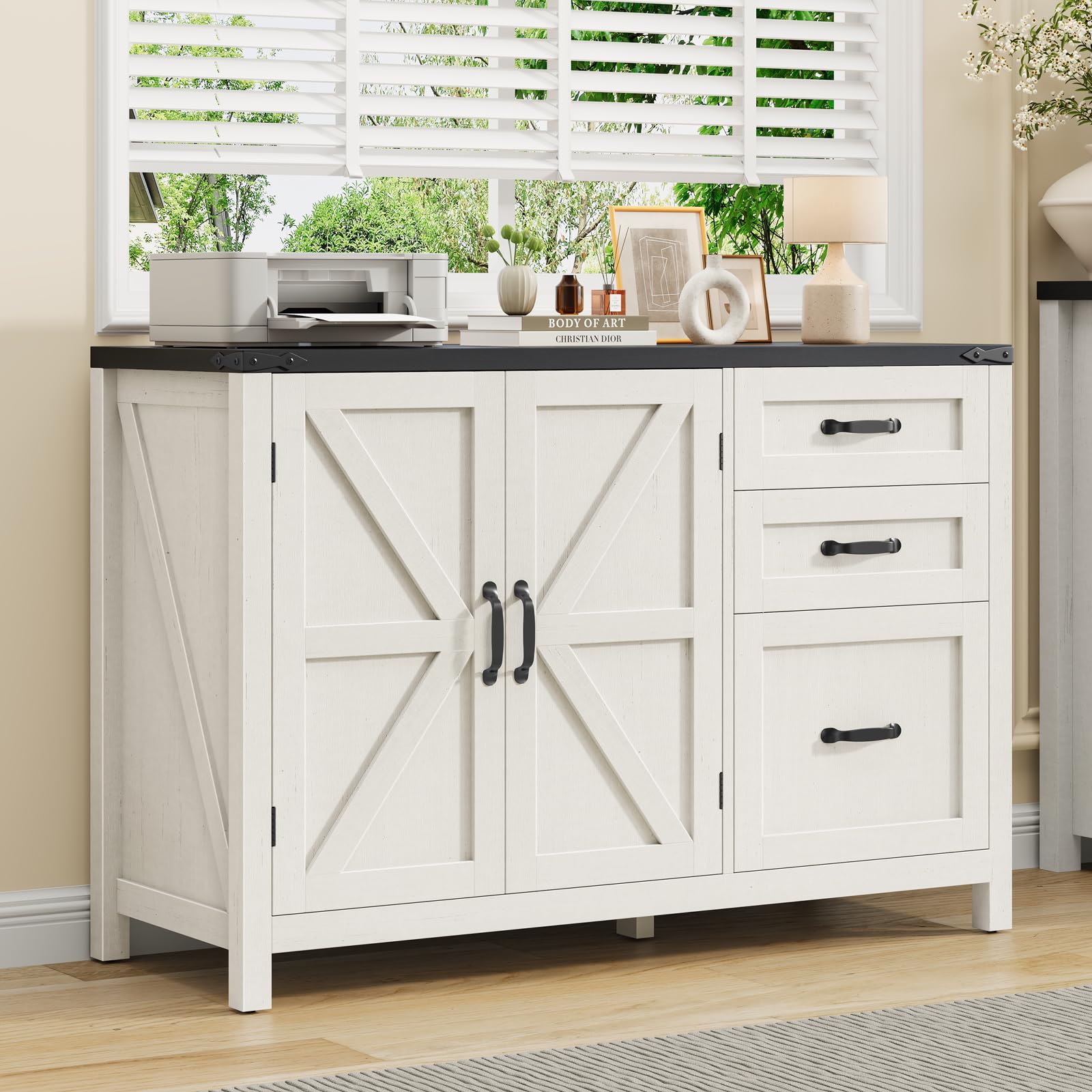 Halitaa 3 Drawer File Cabinet, Farmhouse Lateral Filing Cabinet, White and Black|File Cabinet with Doors for Letter/A4 Size Hanging Files, Large Wood Storage Cabinets Printer Stand for Home Office