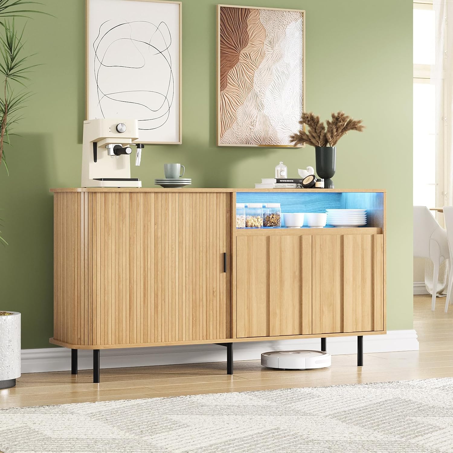 VEANERWOOD Sideboard Buffet Cabinet 55" Storage Cabinet with Sliding Tambour Door LED Lights, Adjustable Shelves for Office Bedroom Hallway Entryway, Oak