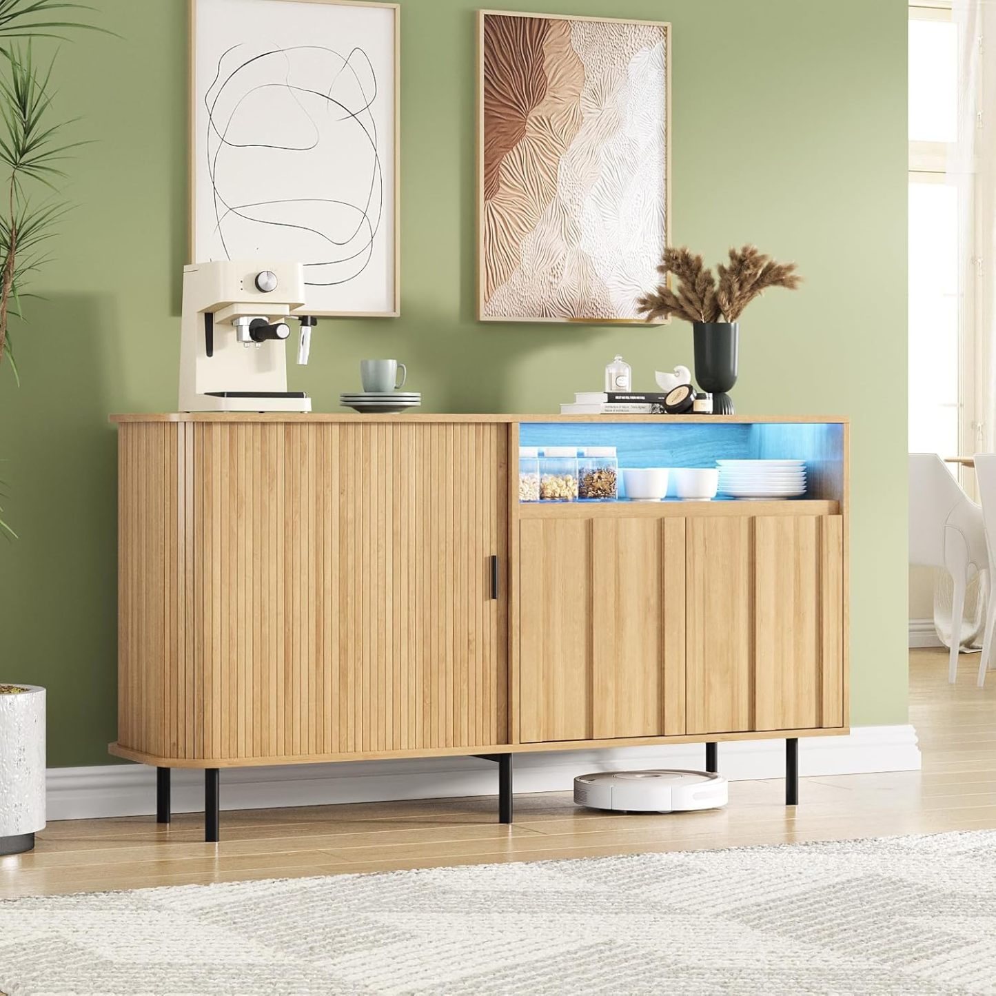 VEANERWOOD Sideboard Buffet Cabinet 55" Storage Cabinet with Sliding Tambour Door LED Lights, Adjustable Shelves for Office Bedroom Hallway Entryway, Oak