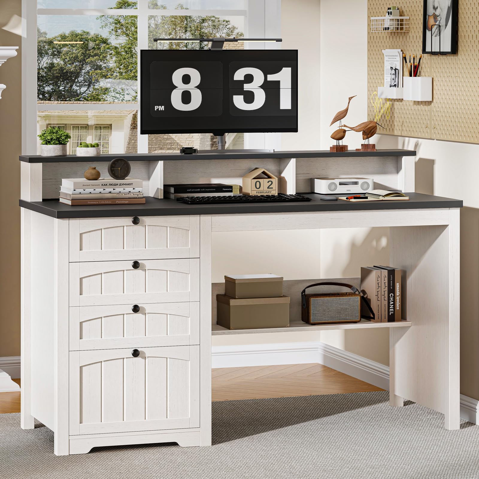 Halitaa 47" Farmhouse Home Office Desk with 4 Drawers | Halitaa Wooden Executive Desk with File Drawer, Computer Desk with Storage Cabinet Workstation for Work, Study and Writing