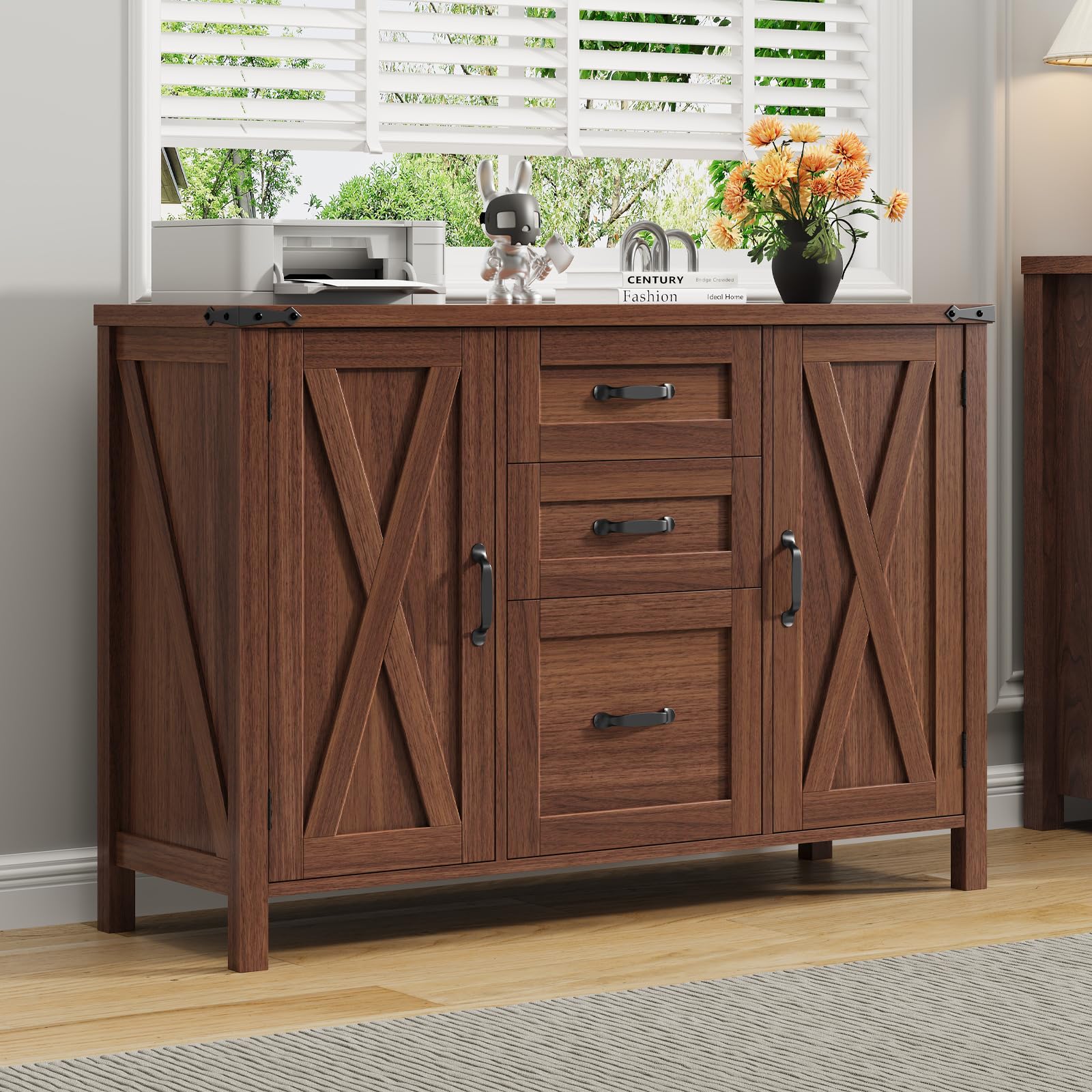 Halitaa 3 Drawer File Cabinet, Farmhouse Lateral Filing Cabinet with Doors Fits Letter or A4 Size, Wooden Printer Stand with Open Storage Adjustable Shelf for Home Office, Walnut